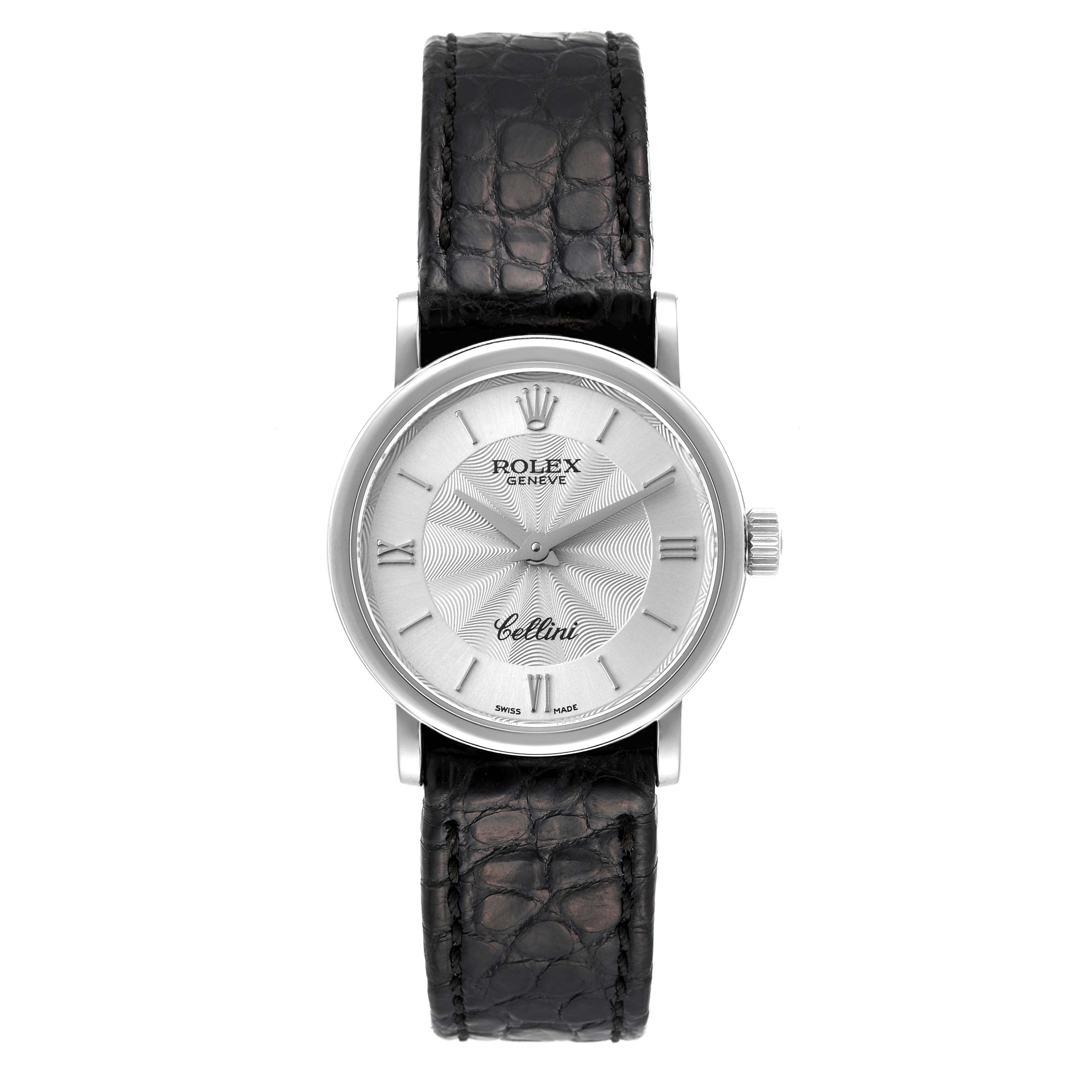 Rolex Cellini Classic 18k White Gold Silver Dial Black Strap Ladies Watch 6110