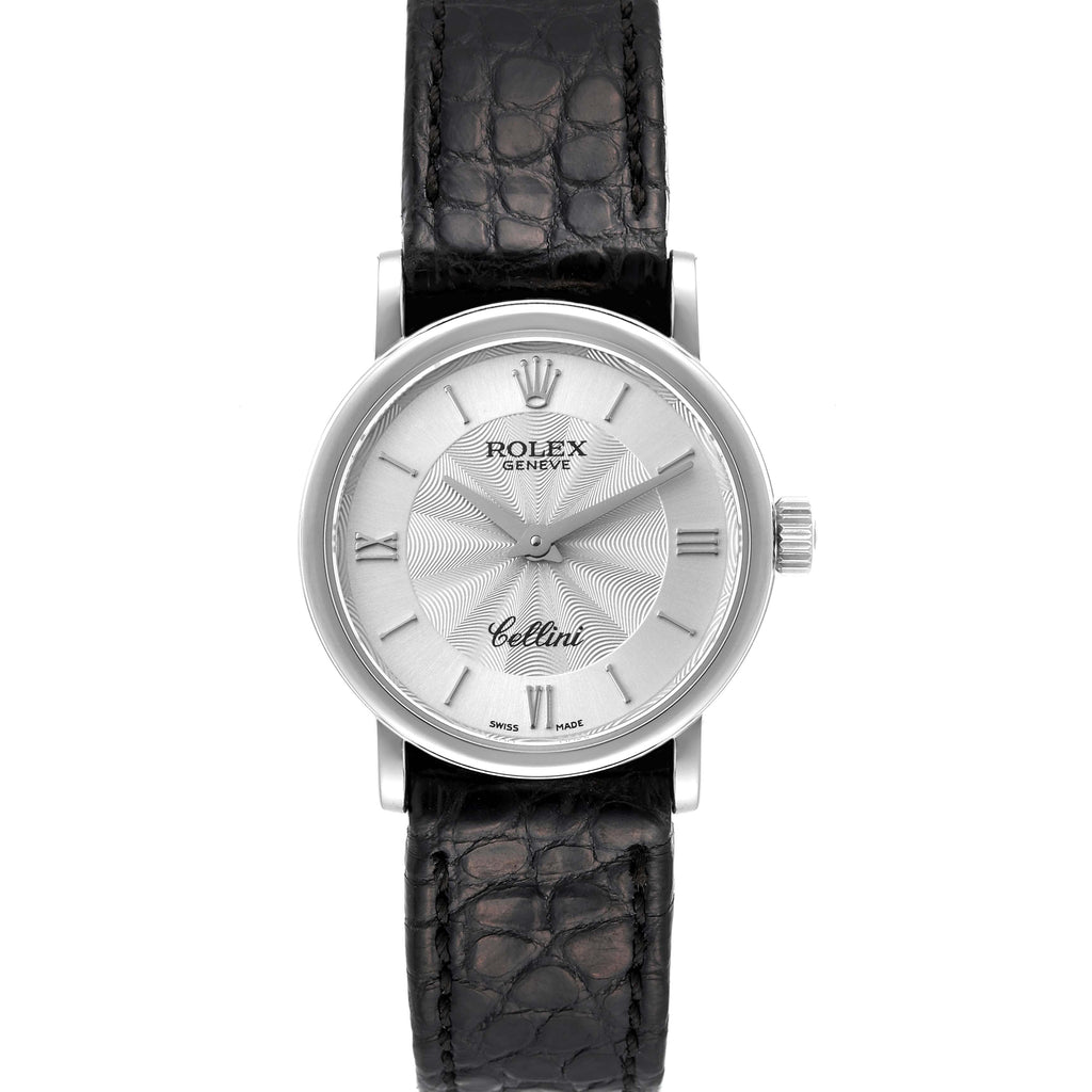 Rolex Cellini Classic 18k White Gold Silver Dial Black Strap Ladies Watch 6110
