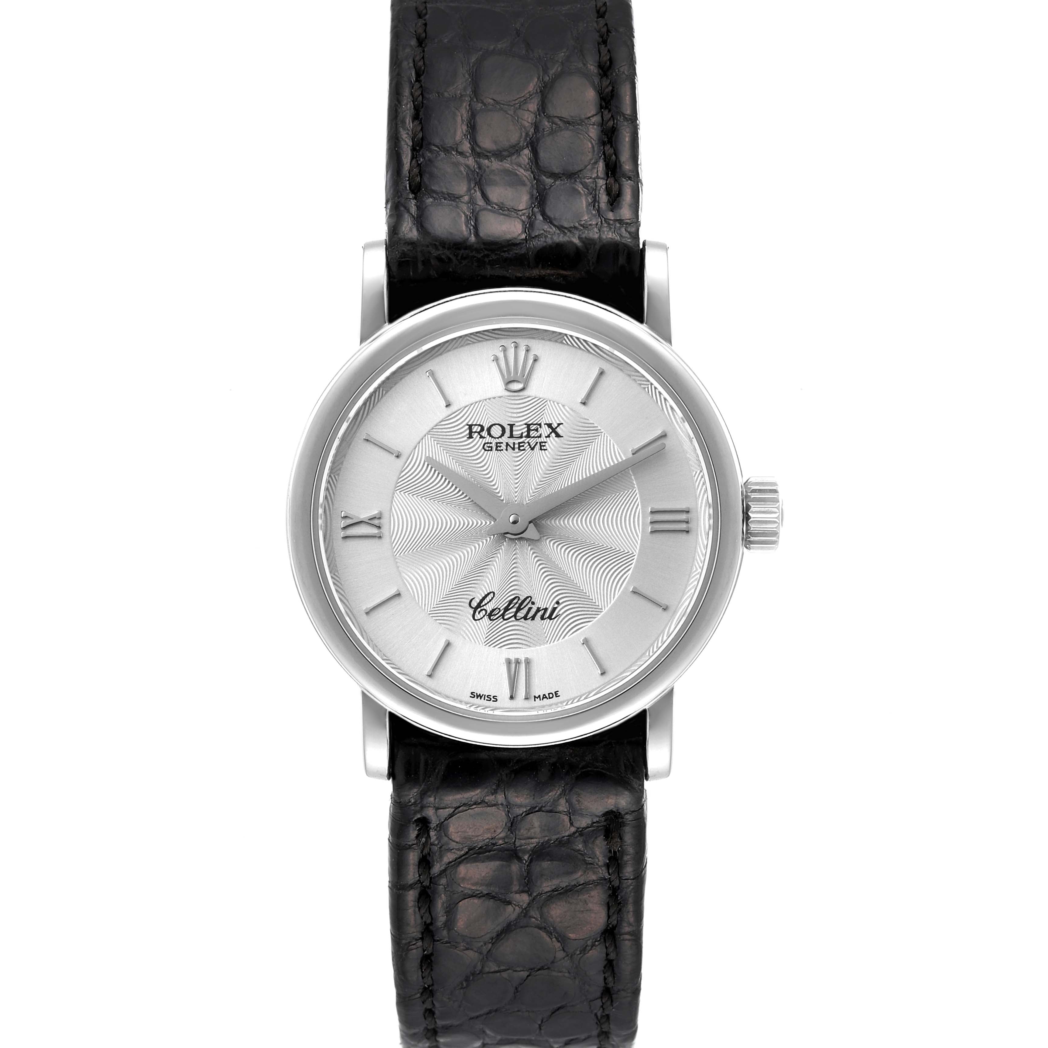 Rolex Cellini Classic 18k White Gold Silver Dial Black Strap Ladies Watch 6110