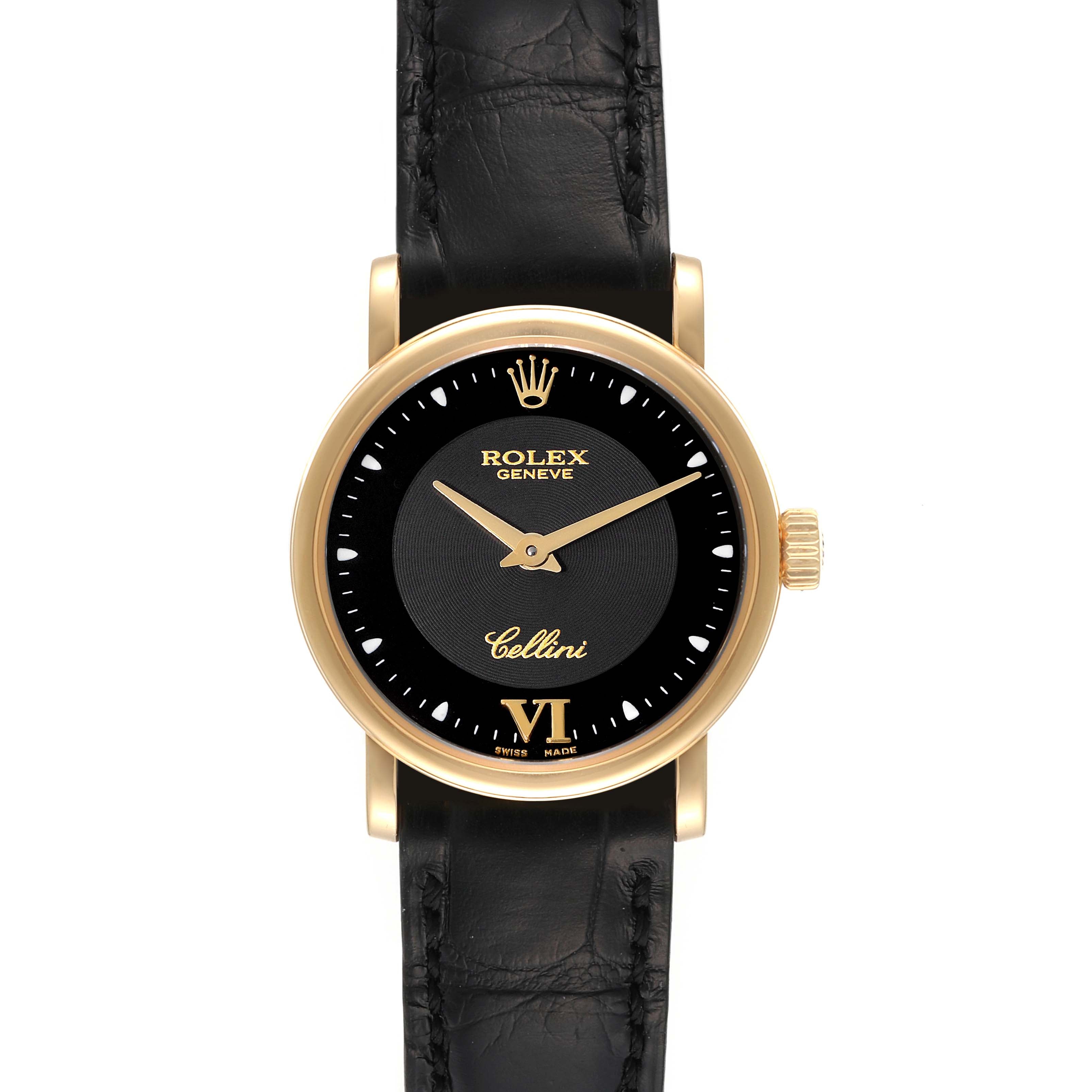 Rolex Cellini Classic 18k Yellow Gold Black Dial Ladies Watch 6110 Card