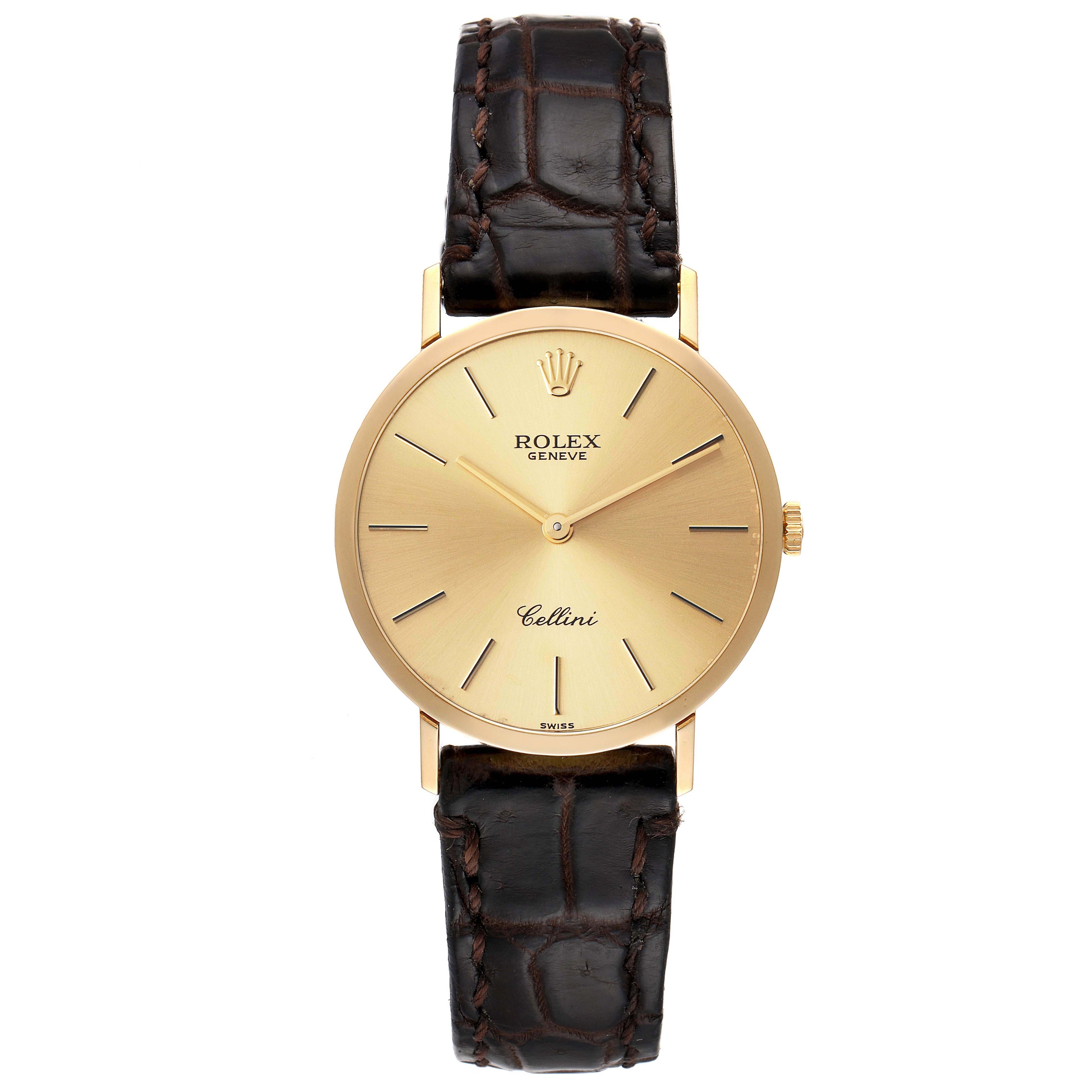 Rolex Cellini Classic 18k Yellow Gold Browm Strap Mens Watch 4112