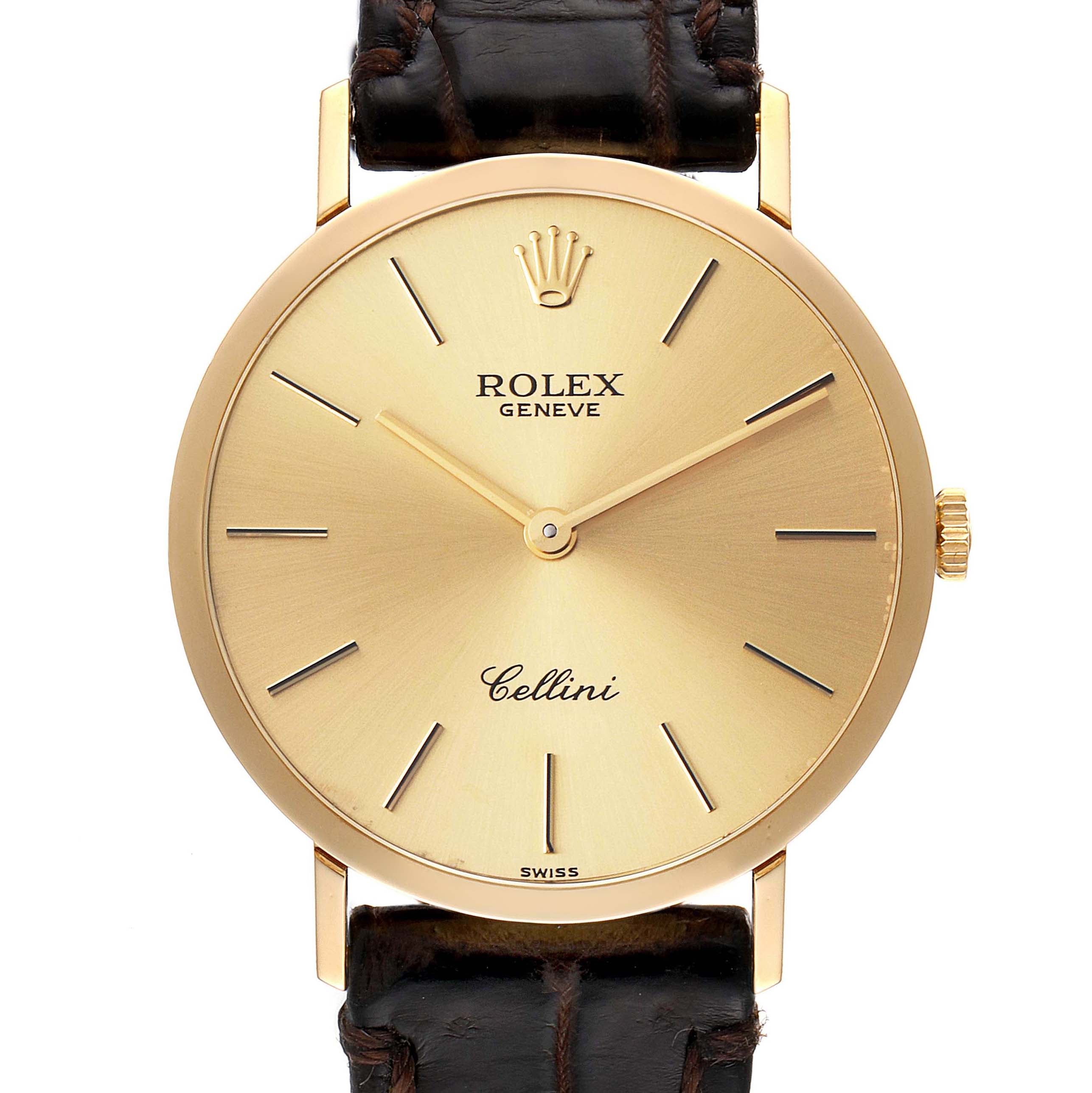 Rolex Cellini Classic 18k Yellow Gold Browm Strap Mens Watch 4112