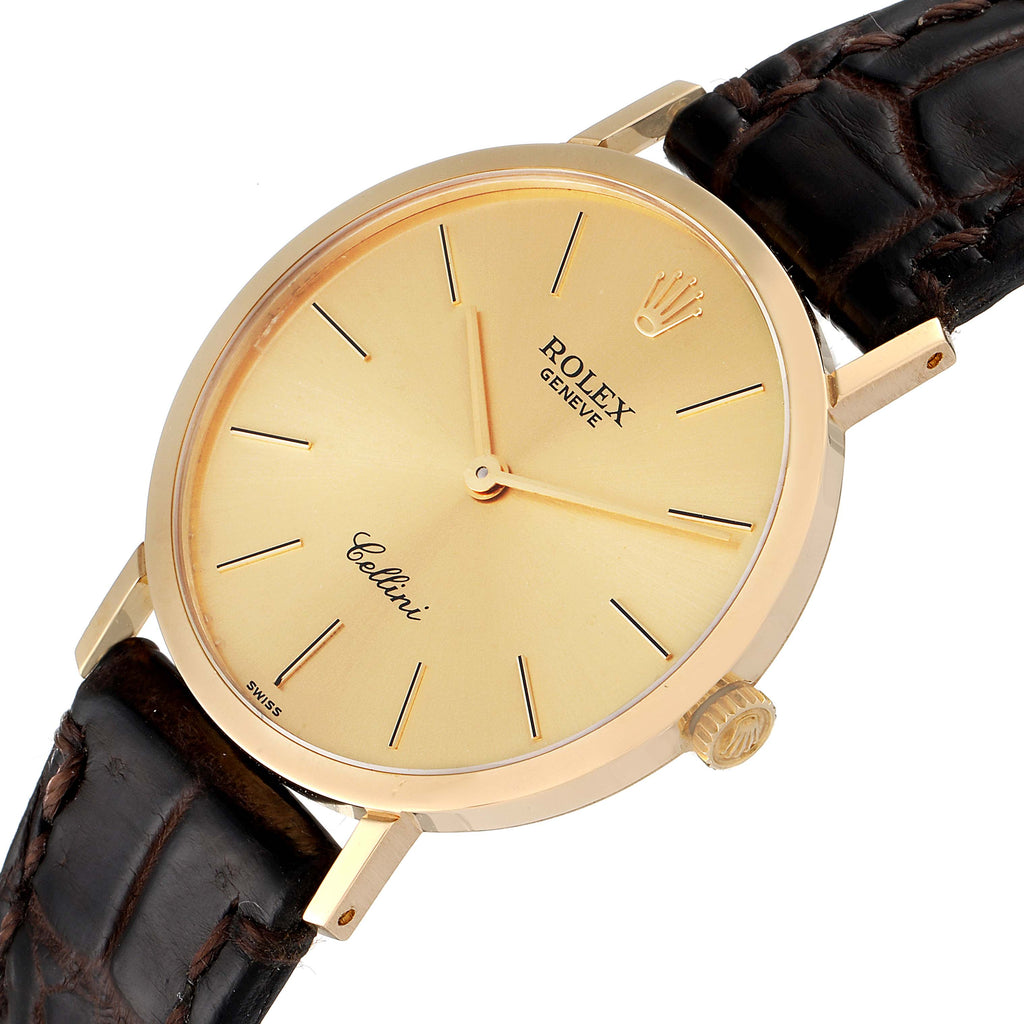 Rolex Cellini Classic 18k Yellow Gold Browm Strap Mens Watch 4112