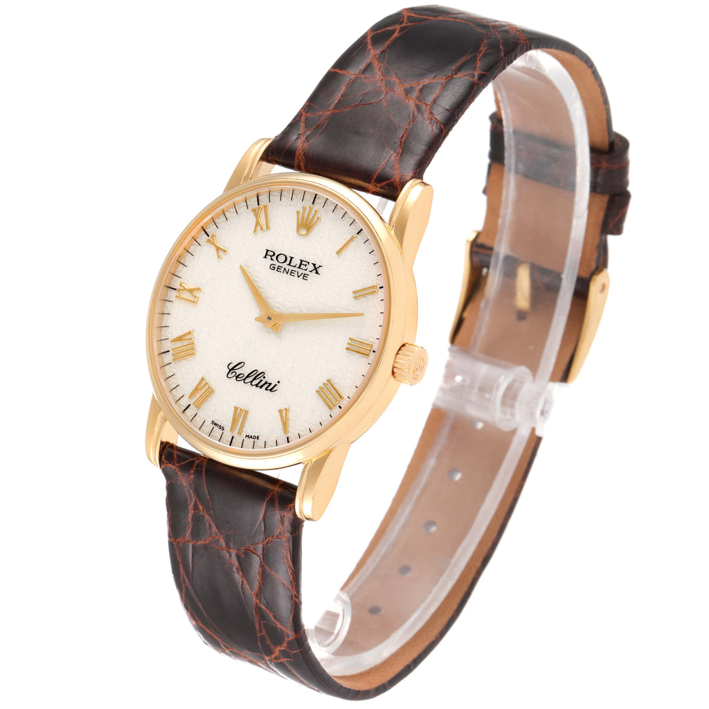 Rolex Cellini Classic Yellow Gold Anniversary Dial Black Strap Watch 5116 Box P