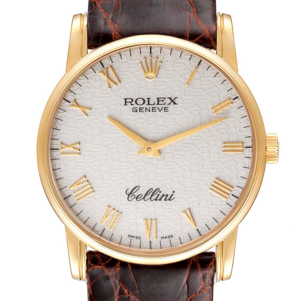 Rolex Cellini Classic Yellow Gold Anniversary Dial Black Strap Watch 5116 Box P