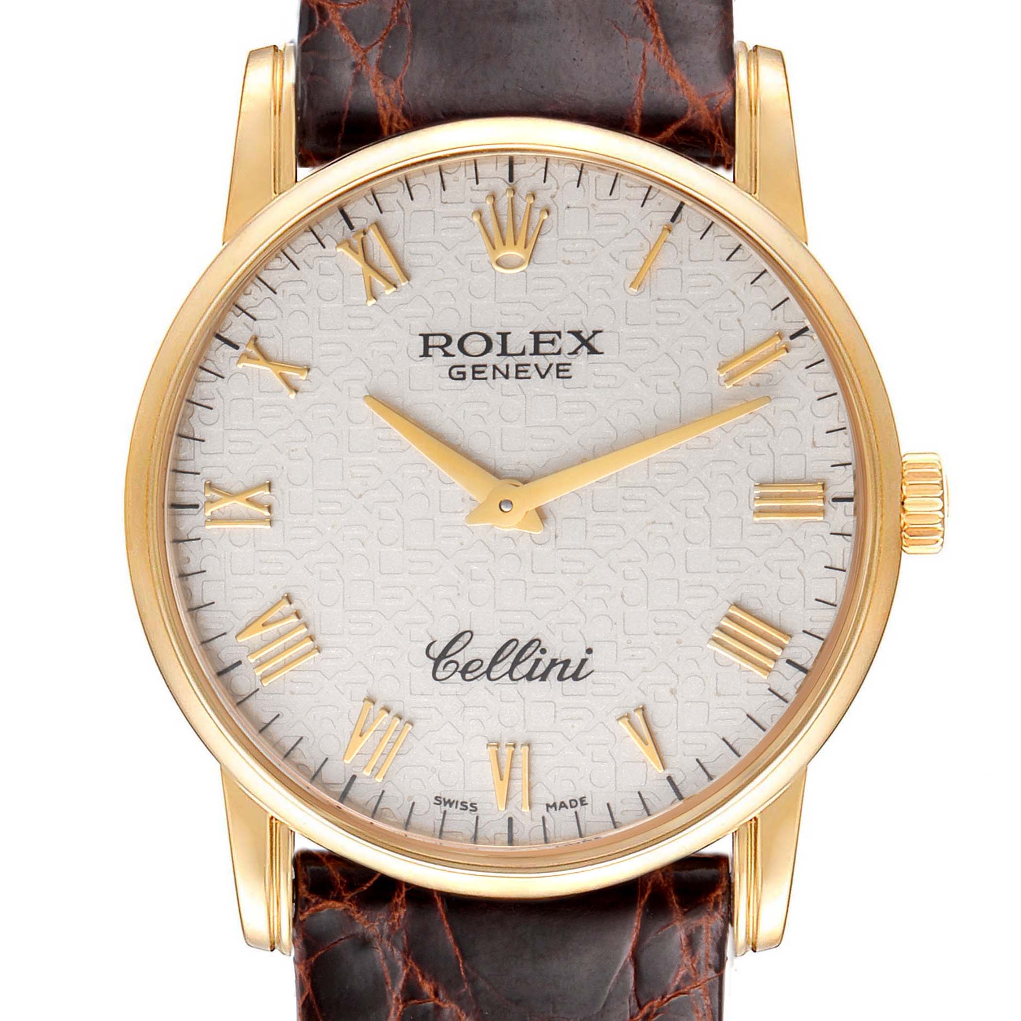 Rolex Cellini Classic Yellow Gold Anniversary Dial Black Strap Watch 5116 Box P
