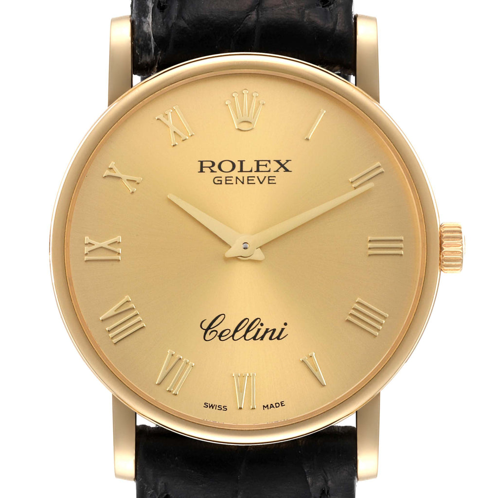 Rolex Cellini Classic Yellow Gold Black Strap Mens Watch 5115