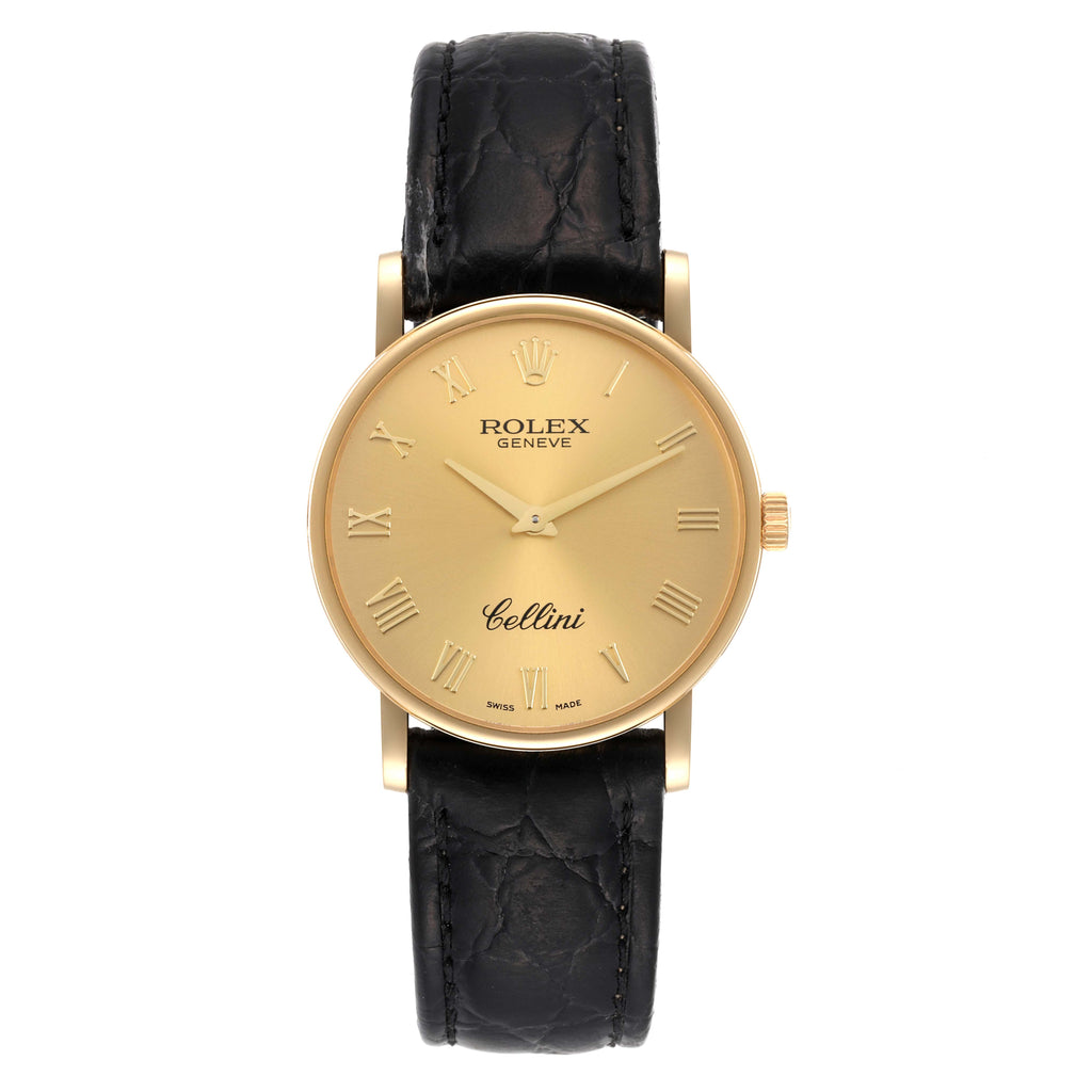 Rolex Cellini Classic Yellow Gold Black Strap Mens Watch 5115