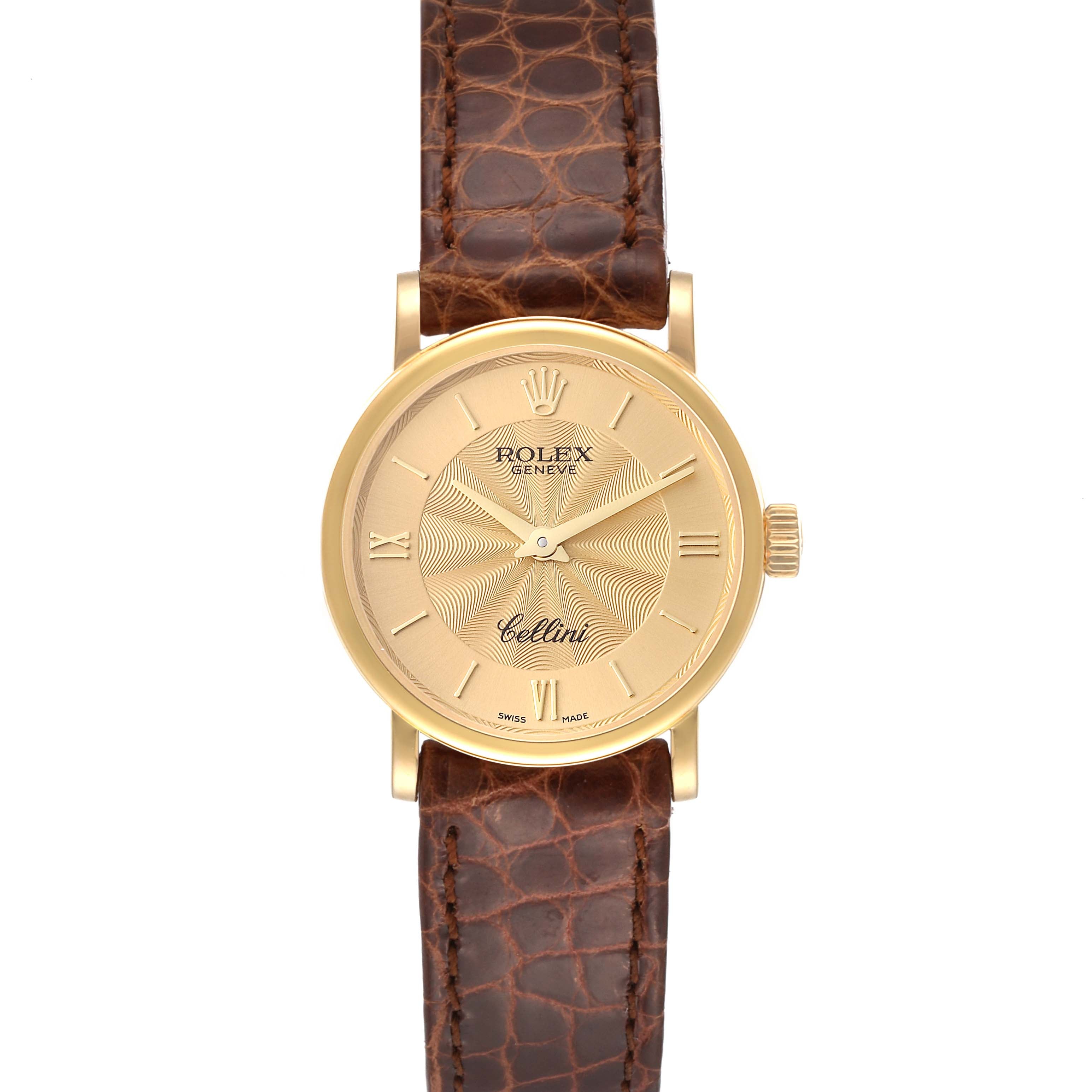 Rolex Cellini Classic Yellow Gold Brown Strap Ladies Watch 6110