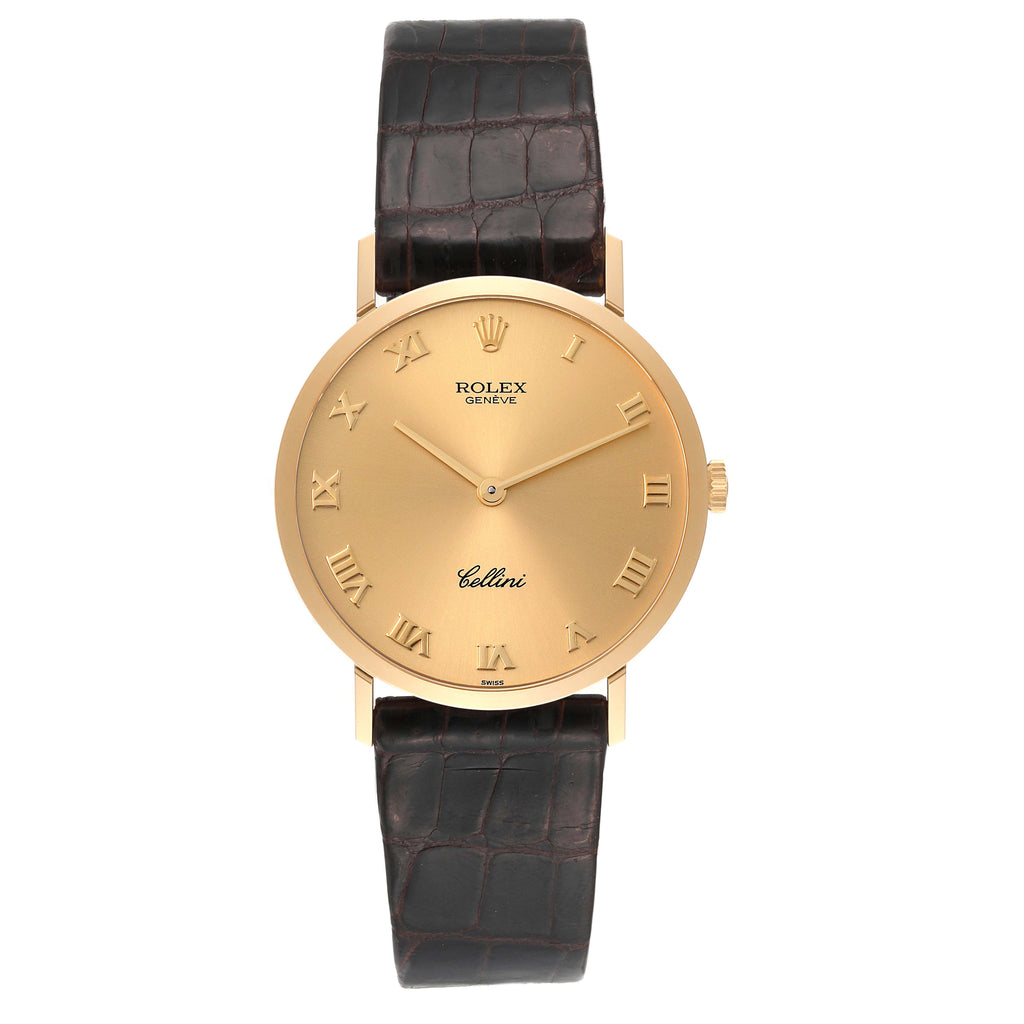 Rolex Cellini Classic Yellow Gold Brown Strap Mens Watch 4112 Papers