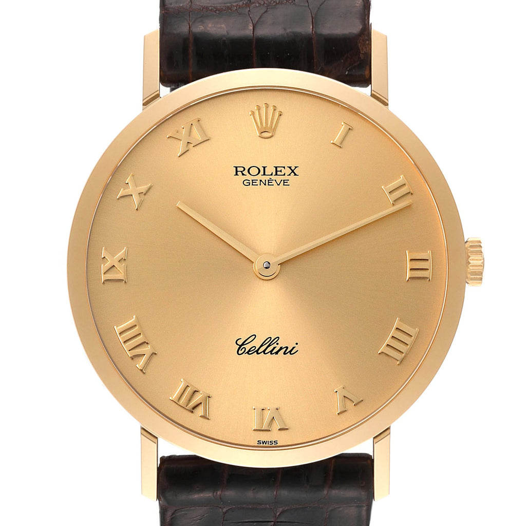 Rolex Cellini Classic Yellow Gold Brown Strap Mens Watch 4112 Papers