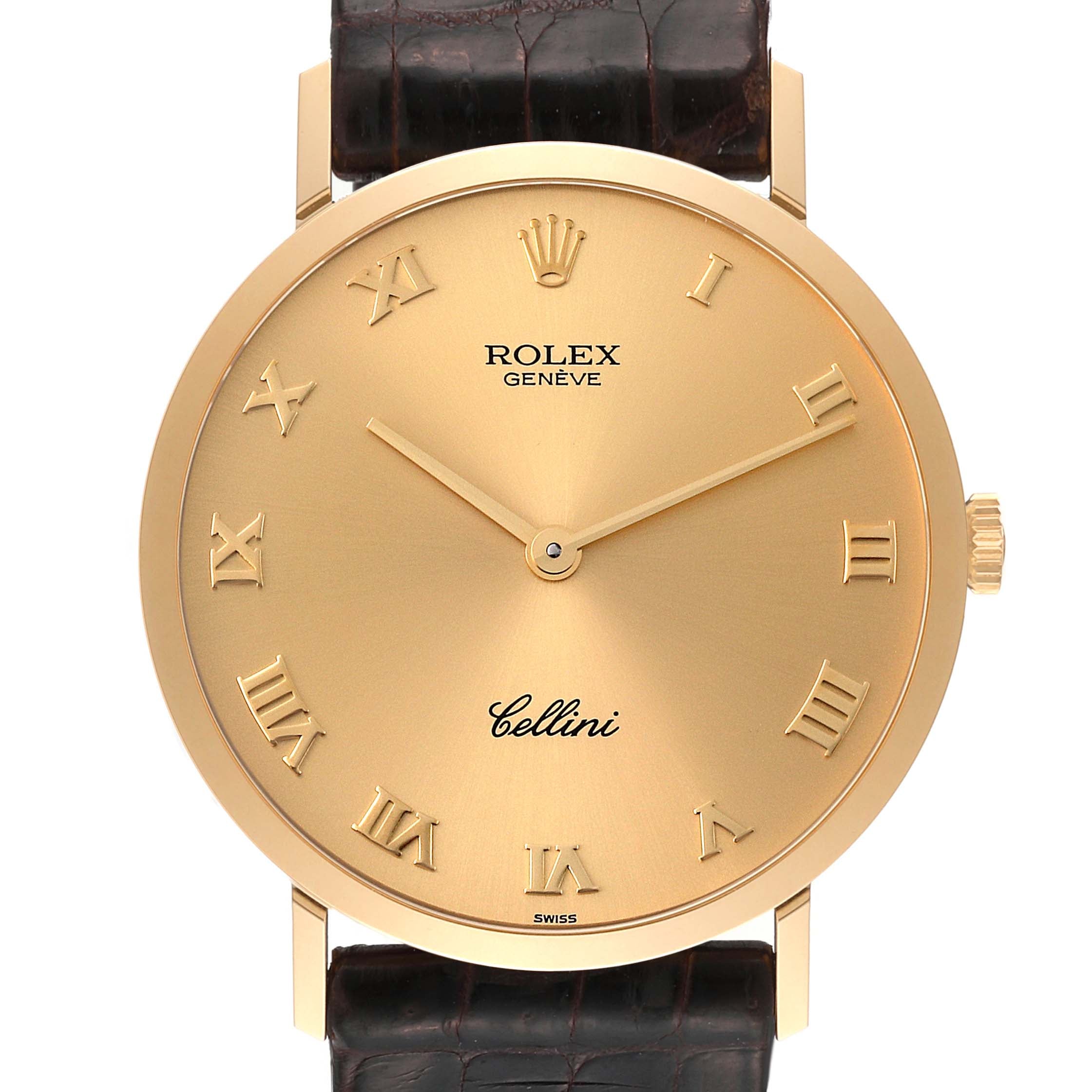 Rolex Cellini Classic Yellow Gold Brown Strap Mens Watch 4112 Papers
