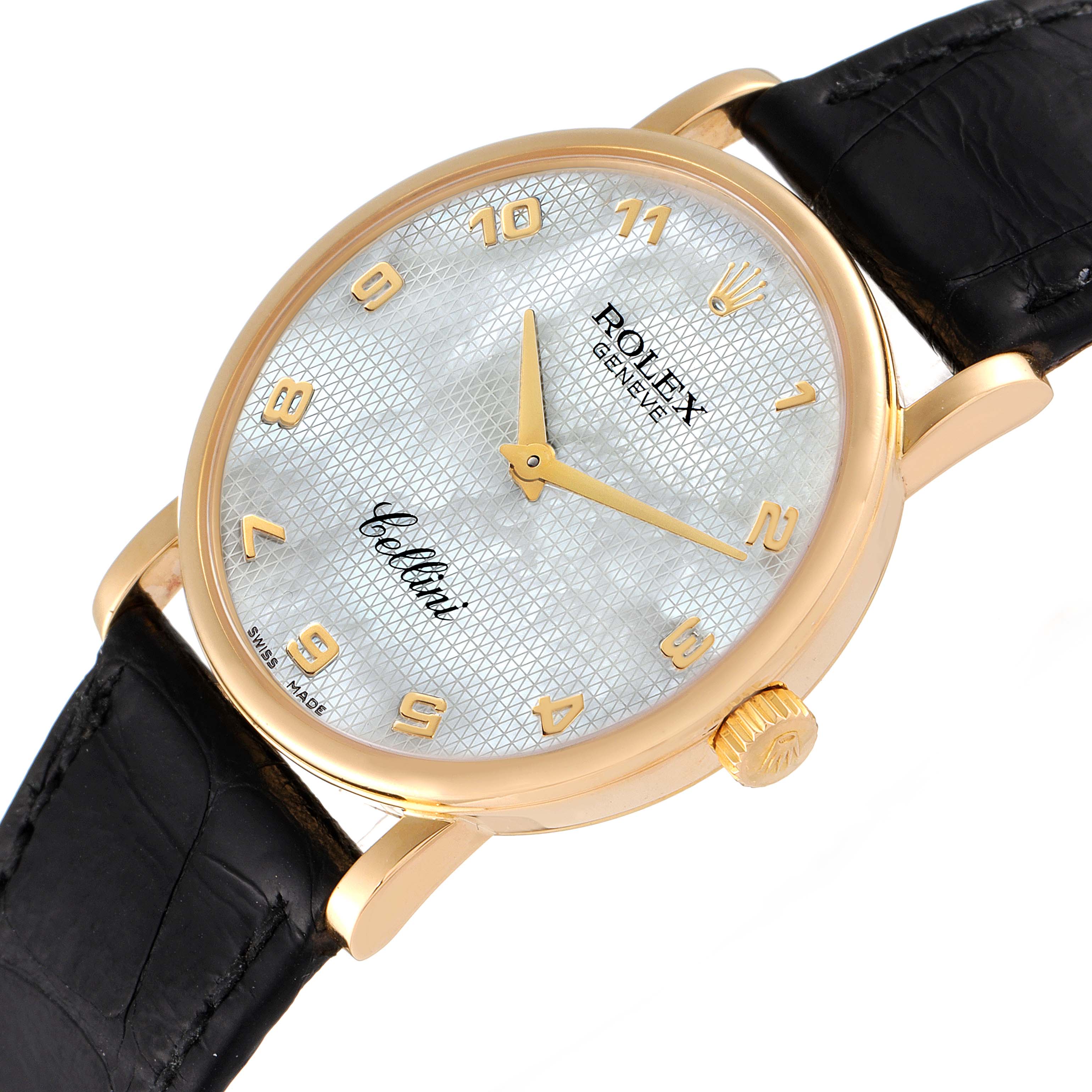 Rolex Cellini Classic Yellow Gold MOP Dial Black Strap Watch 5115