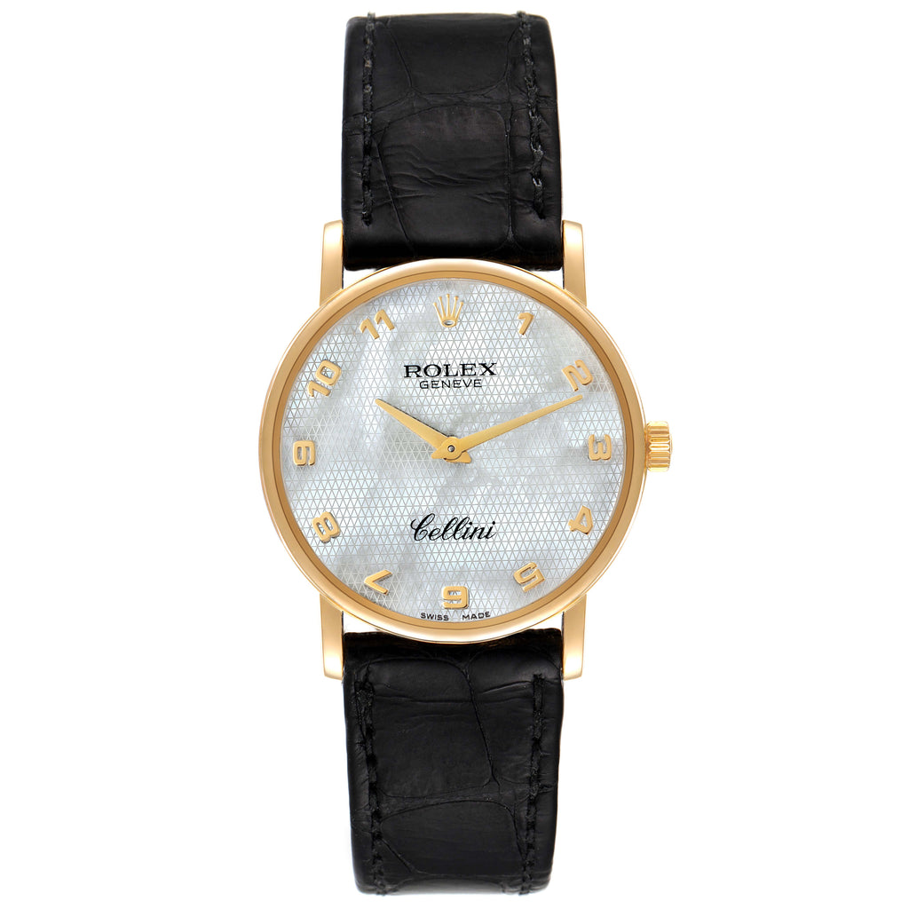 Rolex Cellini Classic Yellow Gold MOP Dial Black Strap Watch 5115