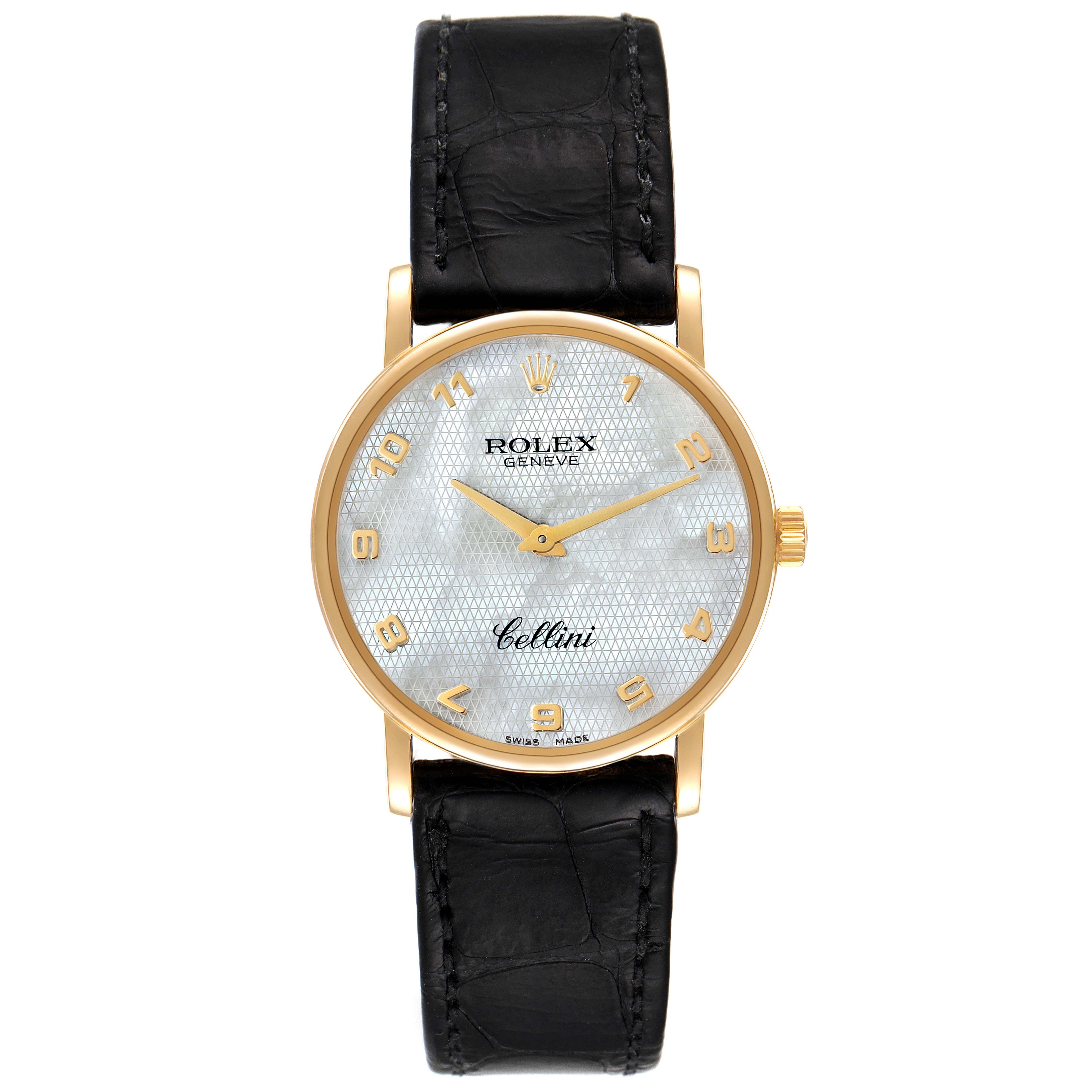 Rolex Cellini Classic Yellow Gold MOP Dial Black Strap Watch 5115