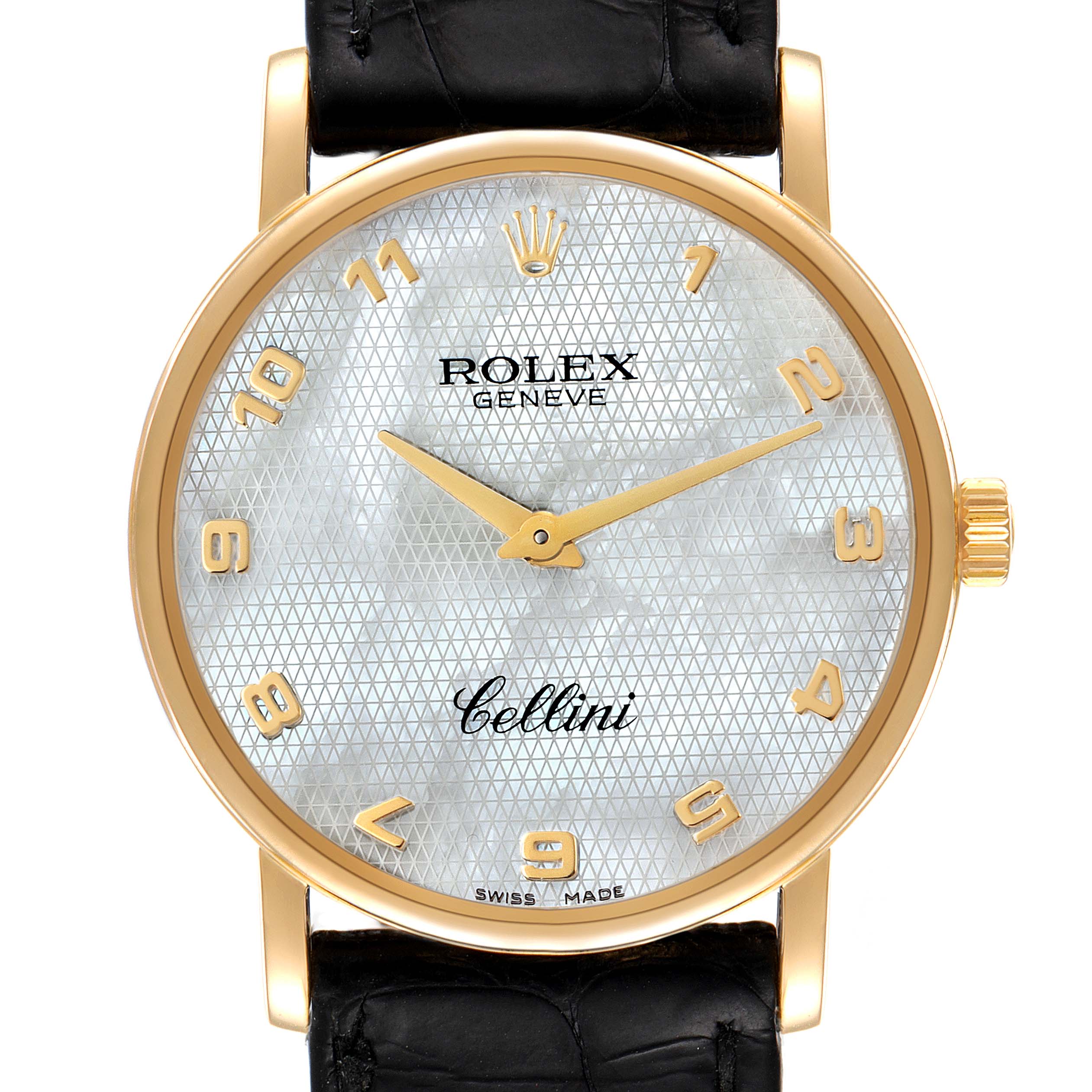 Rolex Cellini Classic Yellow Gold MOP Dial Black Strap Watch 5115