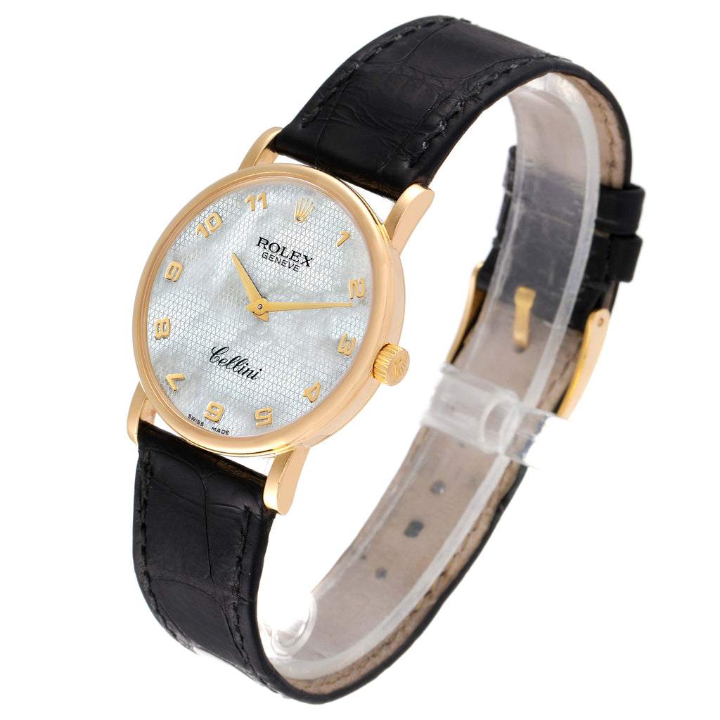 Rolex Cellini Classic Yellow Gold MOP Dial Black Strap Watch 5115