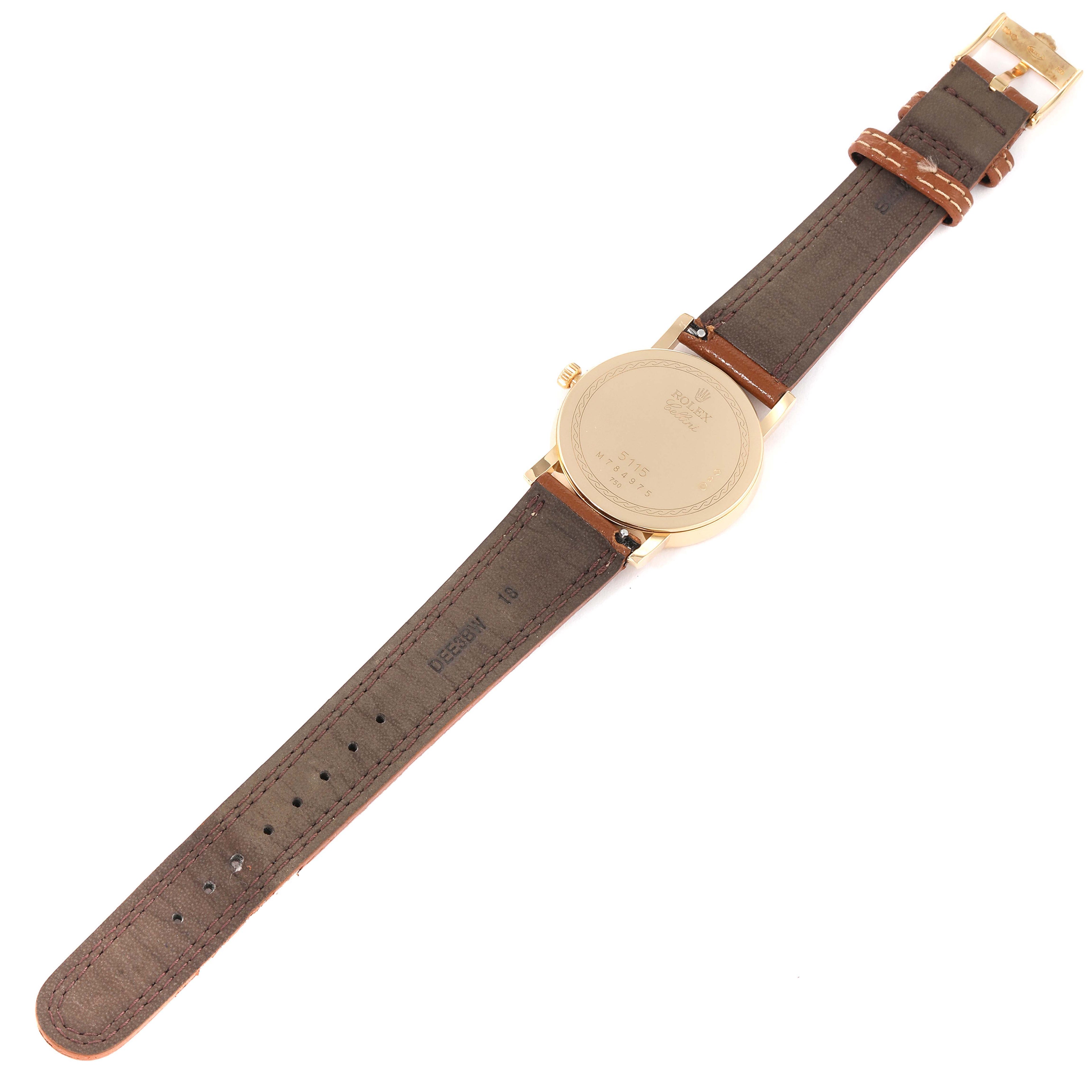 Rolex Cellini Classic Yellow Gold MOP Dial Brown Strap Watch 5115 Card