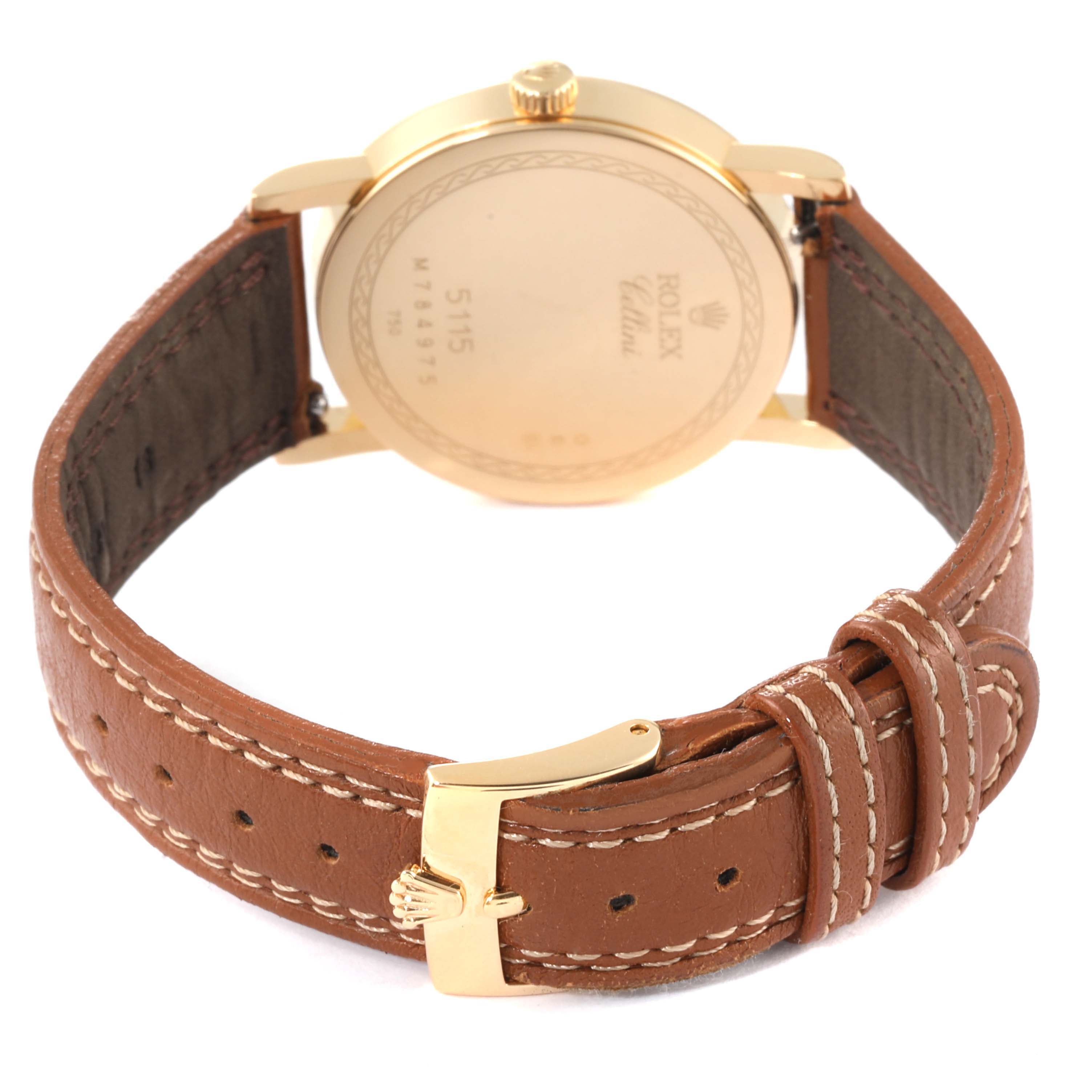 Rolex Cellini Classic Yellow Gold MOP Dial Brown Strap Watch 5115 Card