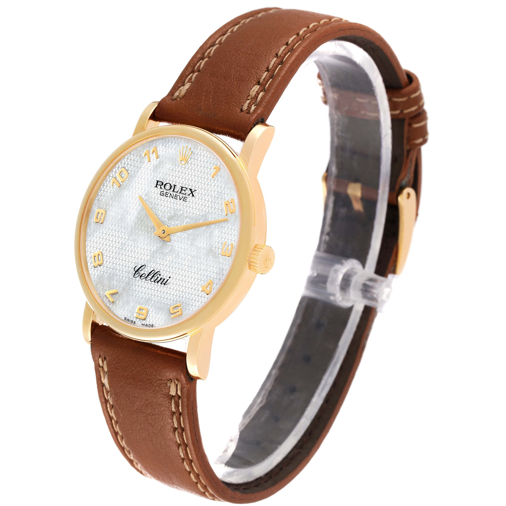 Rolex Cellini Classic Yellow Gold MOP Dial Brown Strap Watch 5115 Card