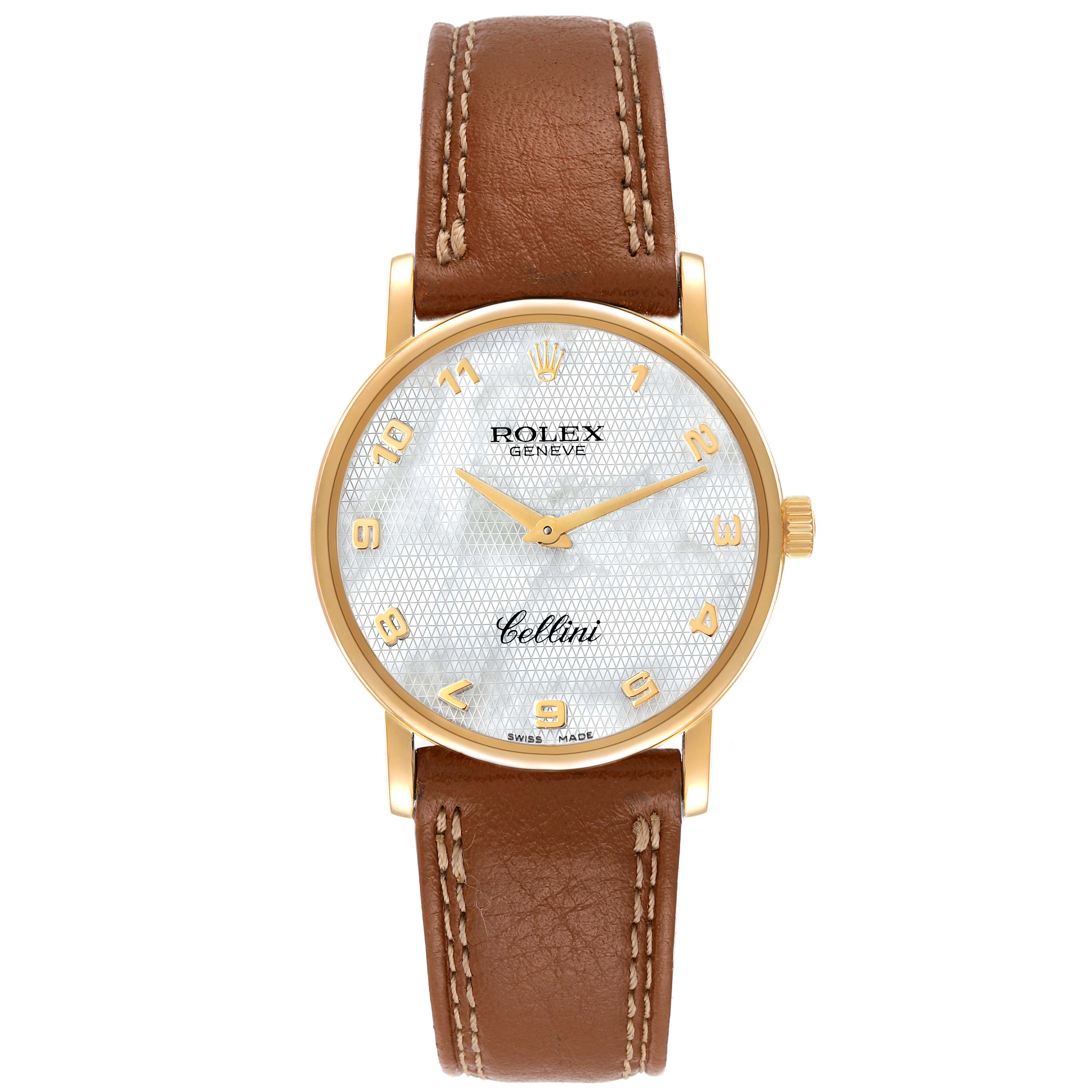 Rolex Cellini Classic Yellow Gold MOP Dial Brown Strap Watch 5115 Card