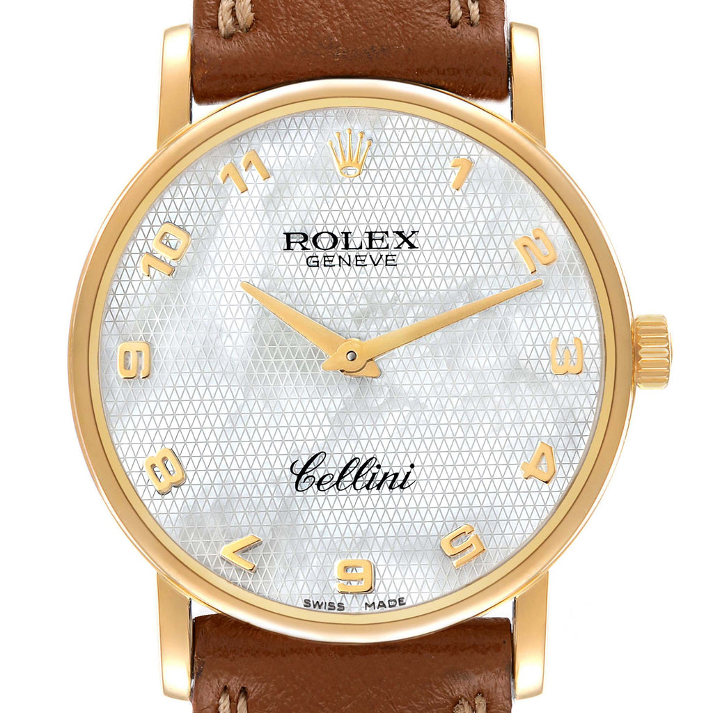Rolex Cellini Classic Yellow Gold MOP Dial Brown Strap Watch 5115 Card