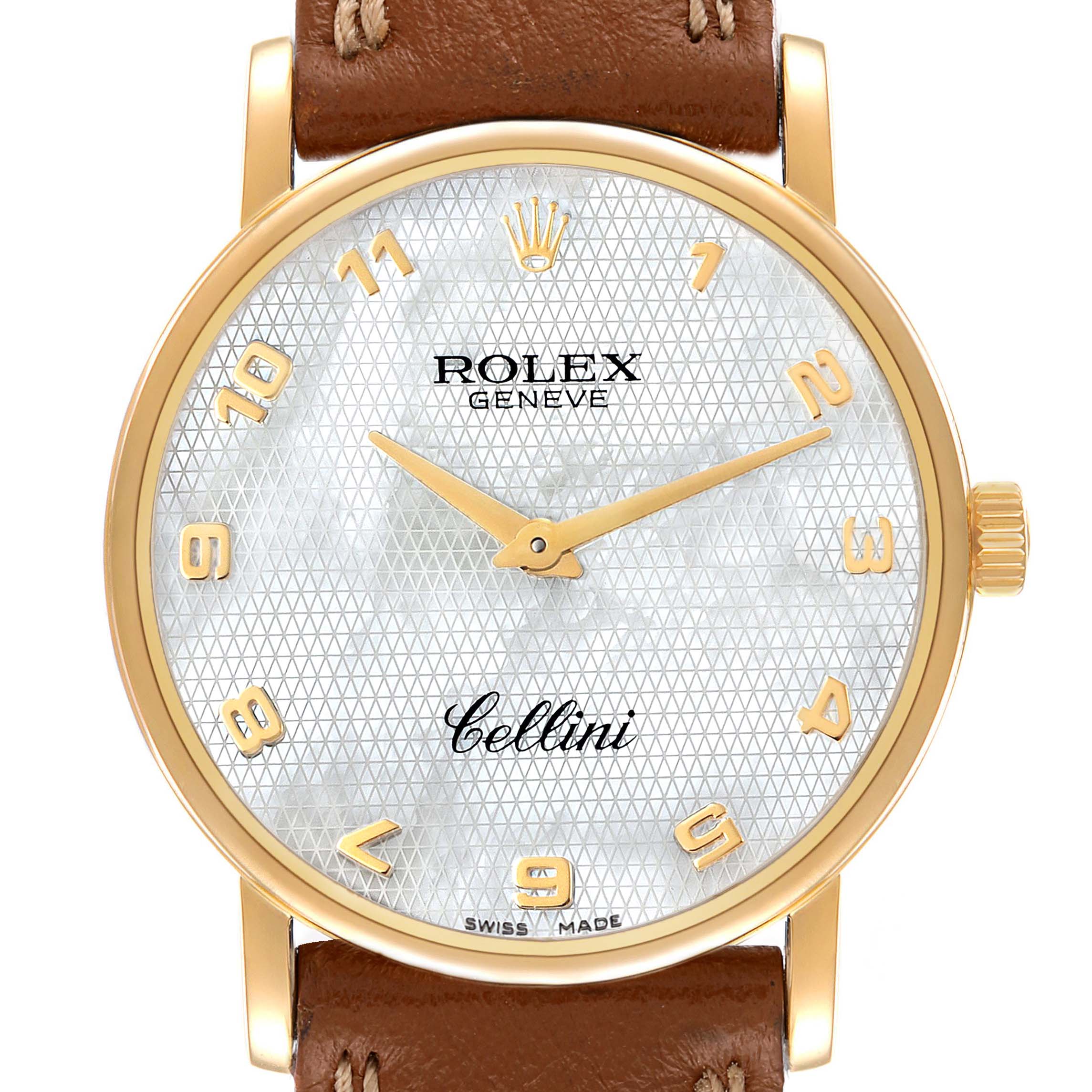 Rolex Cellini Classic Yellow Gold MOP Dial Brown Strap Watch 5115 Card