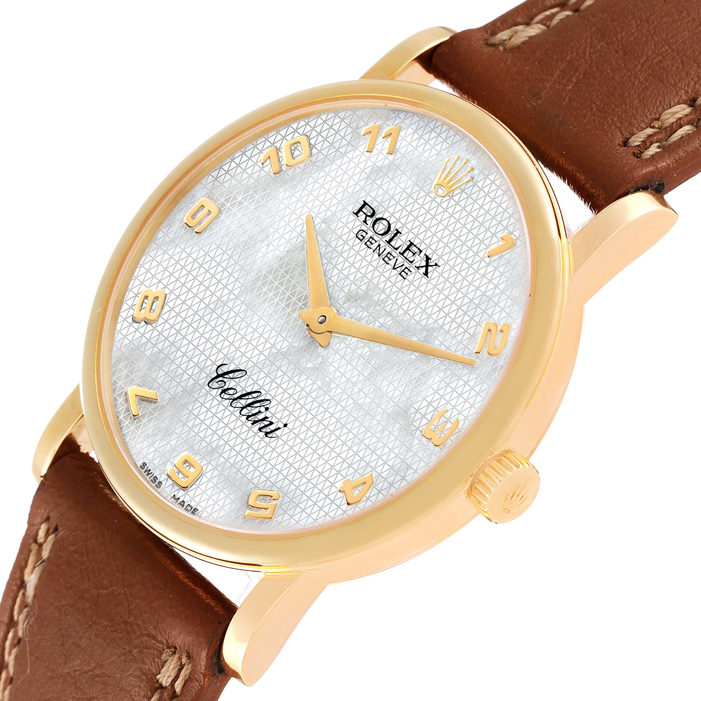 Rolex Cellini Classic Yellow Gold MOP Dial Brown Strap Watch 5115 Card