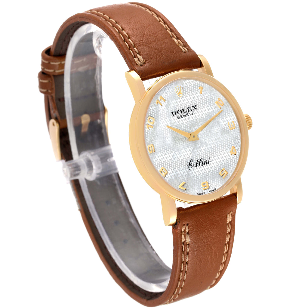 Rolex Cellini Classic Yellow Gold MOP Dial Brown Strap Watch 5115 Card