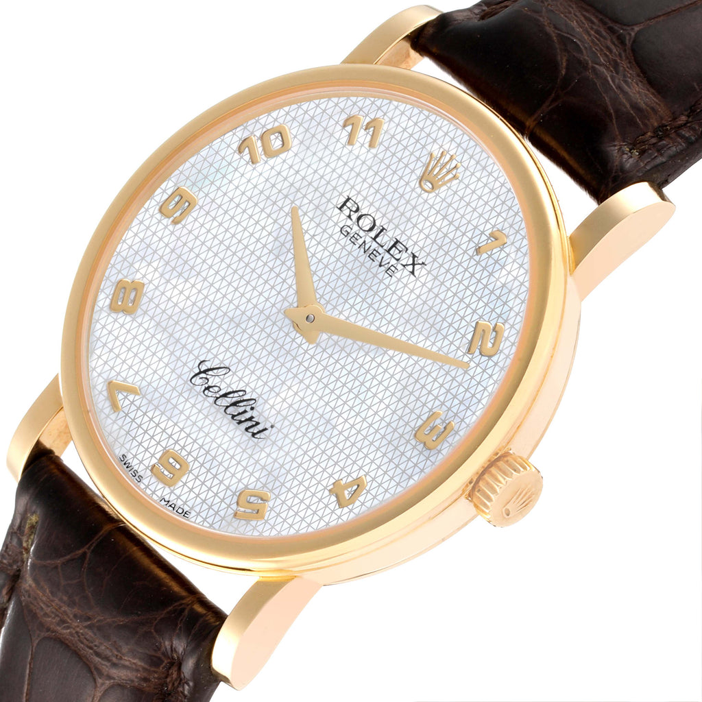 Rolex Cellini Classic Yellow Gold Mother of Pearl Brown Strap Mens Watch 5115