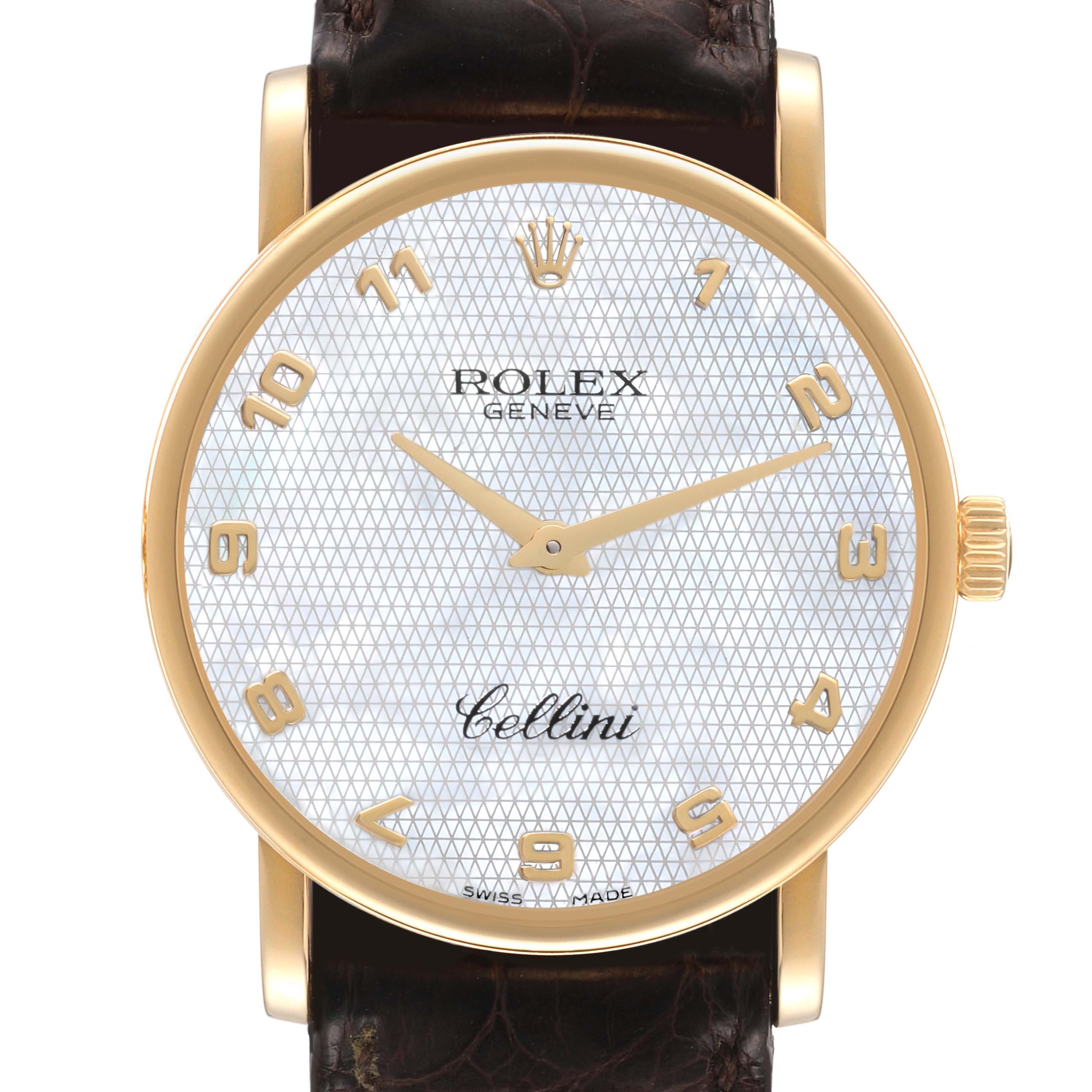 Rolex Cellini Classic Yellow Gold Mother of Pearl Brown Strap Mens Watch 5115
