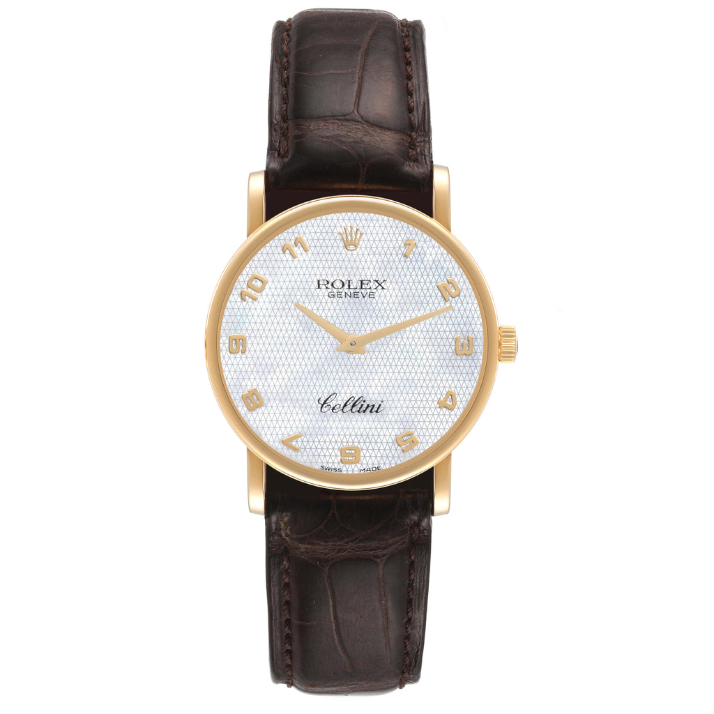 Rolex Cellini Classic Yellow Gold Mother of Pearl Brown Strap Mens Watch 5115