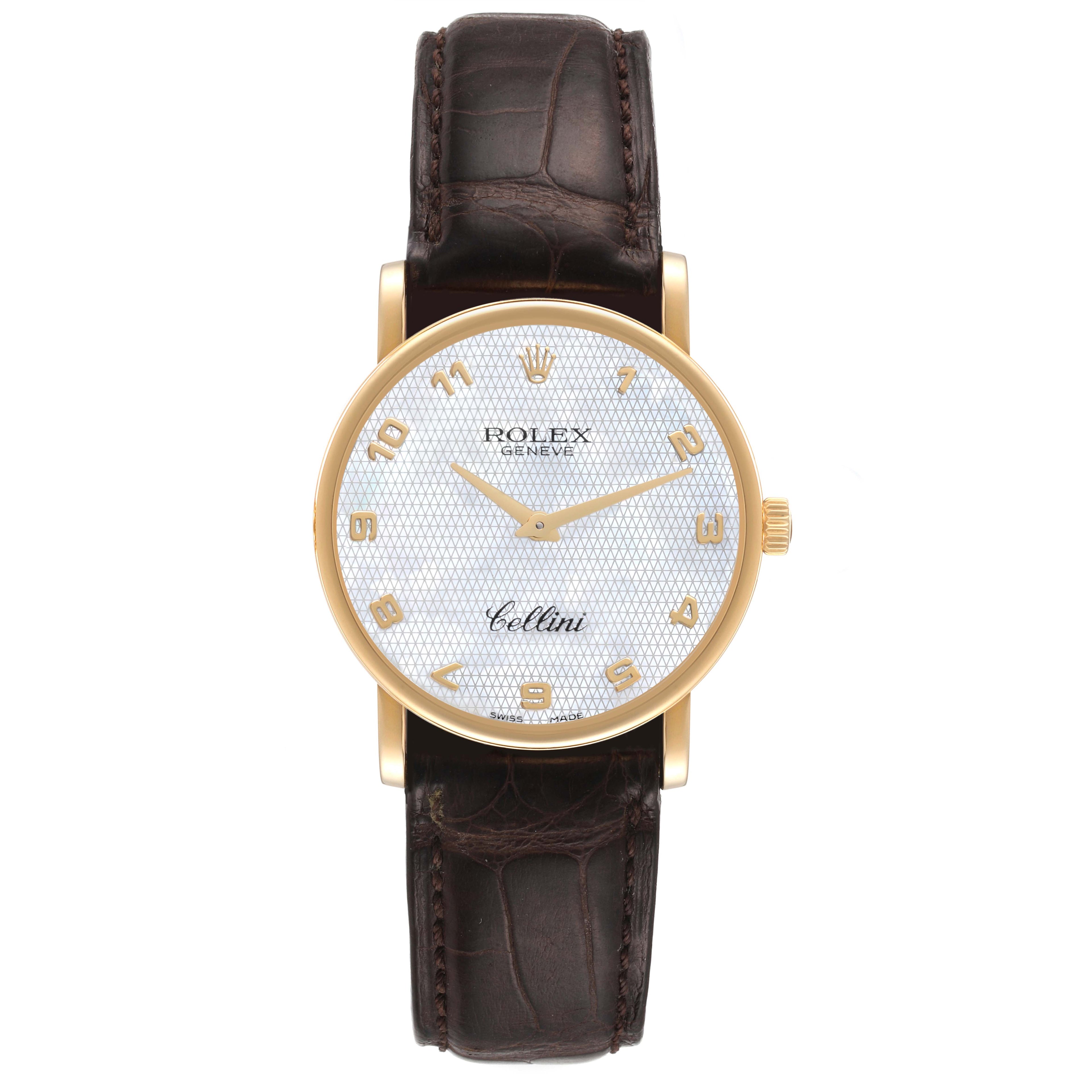 Rolex Cellini Classic Yellow Gold Mother of Pearl Brown Strap Mens Watch 5115