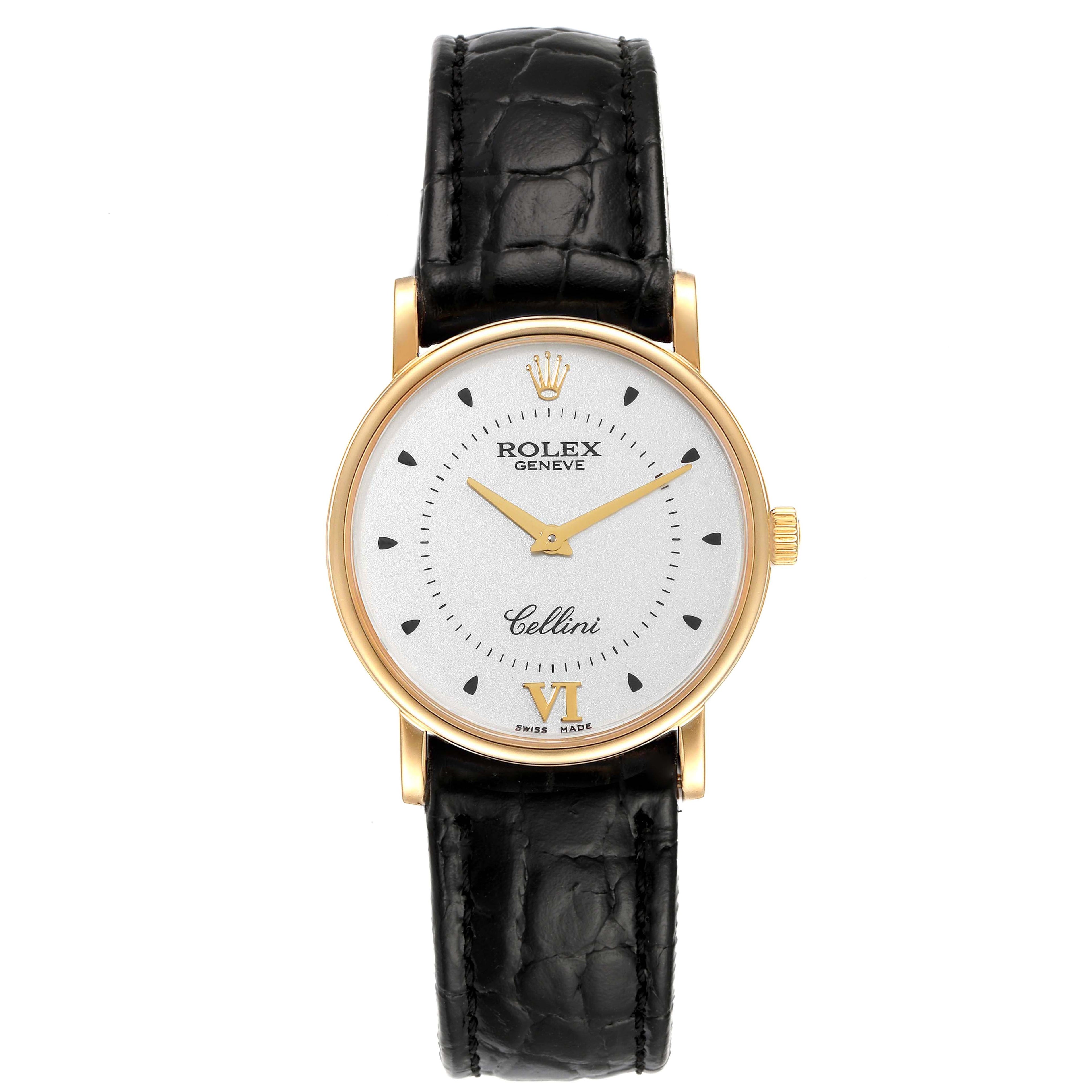 Rolex Cellini Classic Yellow Gold Silver Dial Black Strap Mens Watch 5115