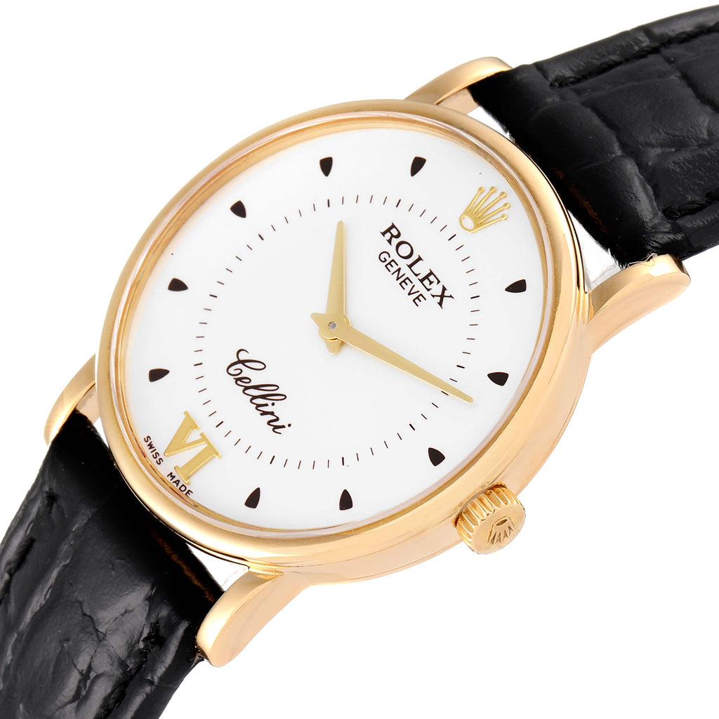 Rolex Cellini Classic Yellow Gold Silver Dial Black Strap Mens Watch 5115