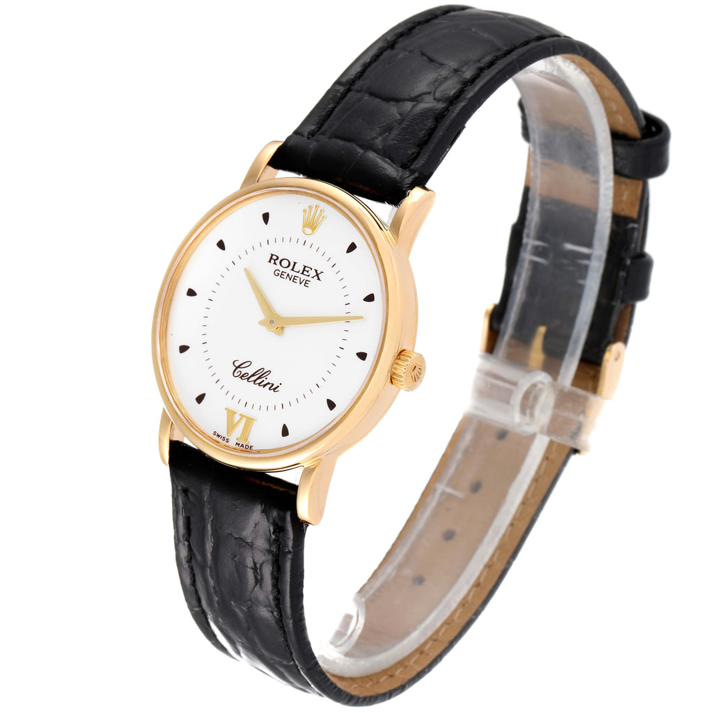 Rolex Cellini Classic Yellow Gold Silver Dial Black Strap Mens Watch 5115