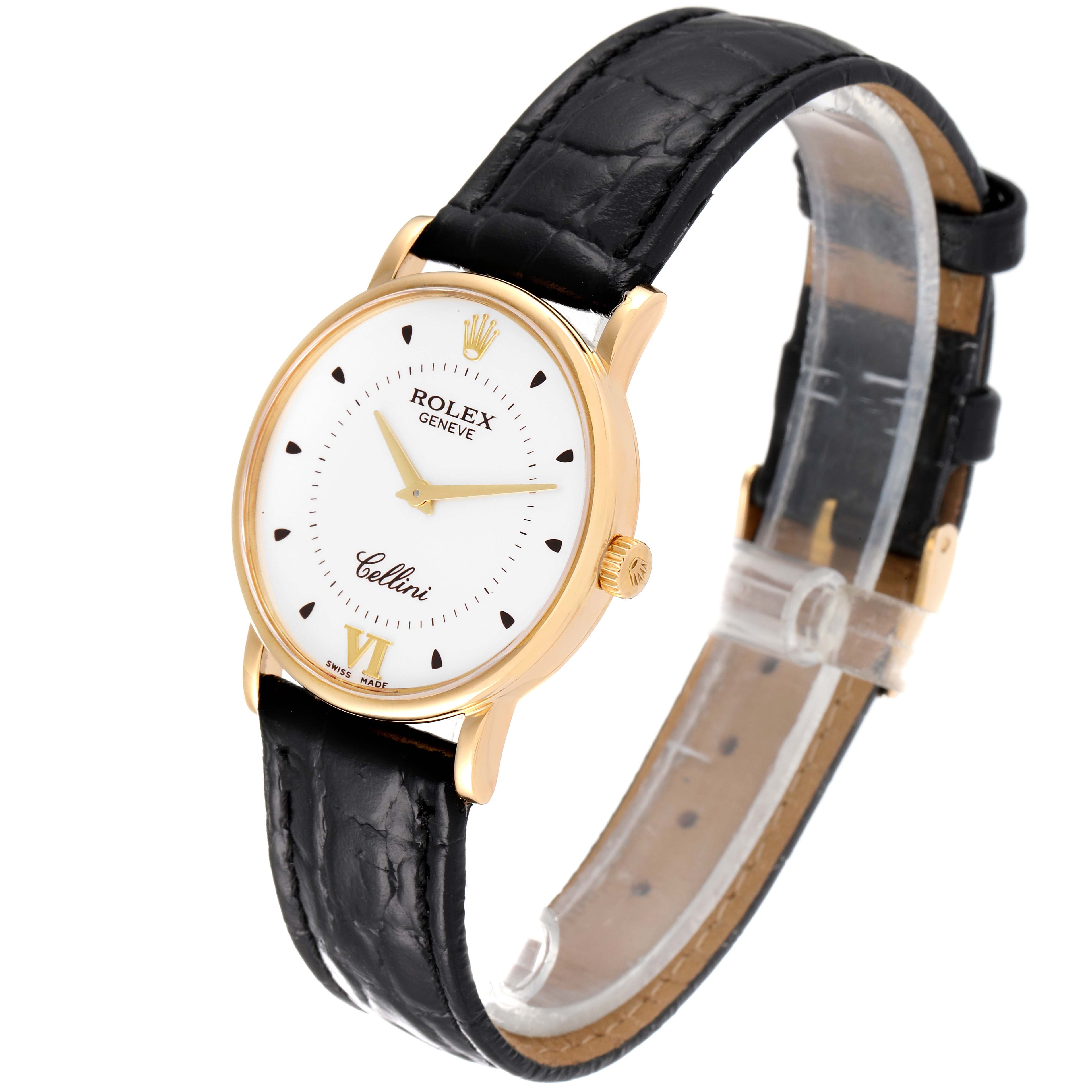 Rolex Cellini Classic Yellow Gold Silver Dial Black Strap Mens Watch 5115