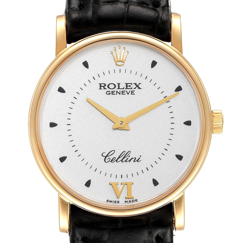 Rolex Cellini Classic Yellow Gold Silver Dial Black Strap Mens Watch 5115