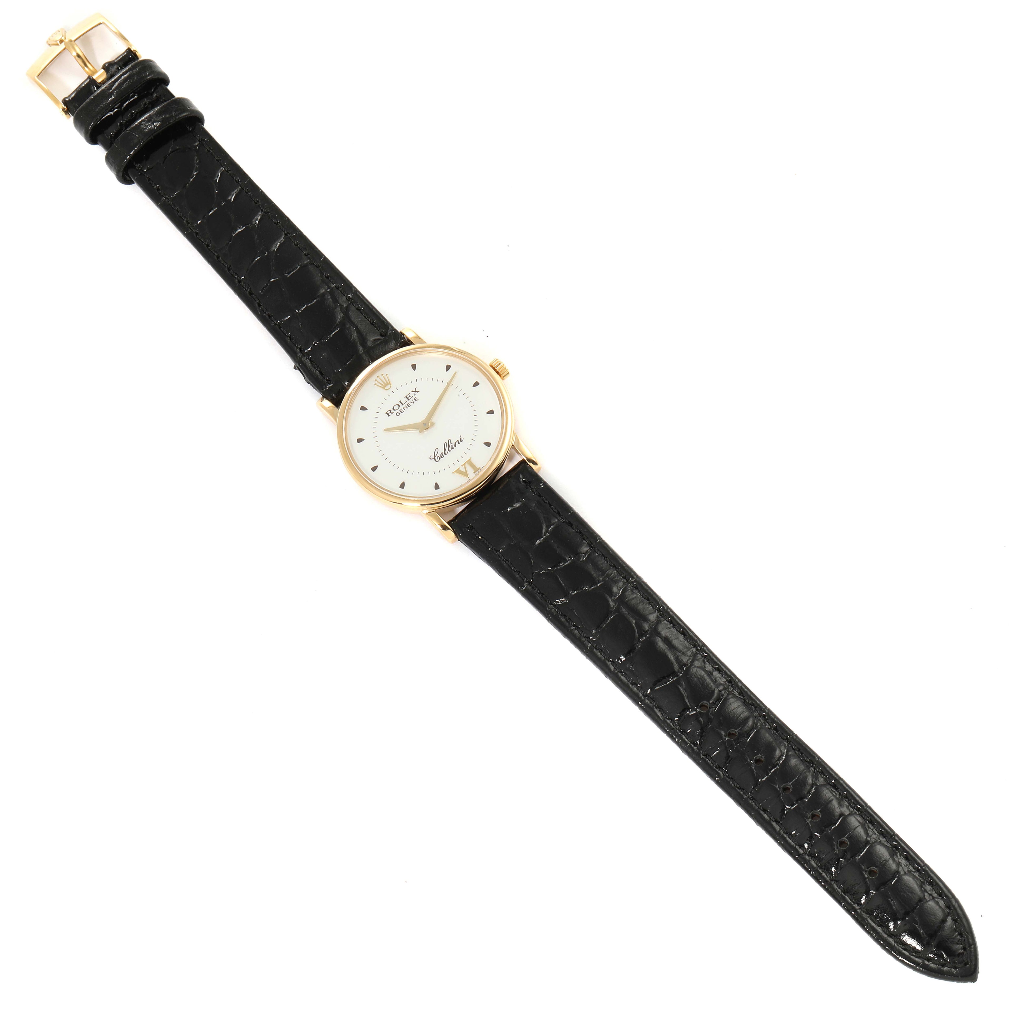 Rolex Cellini Classic Yellow Gold Silver Dial Black Strap Mens Watch 5115
