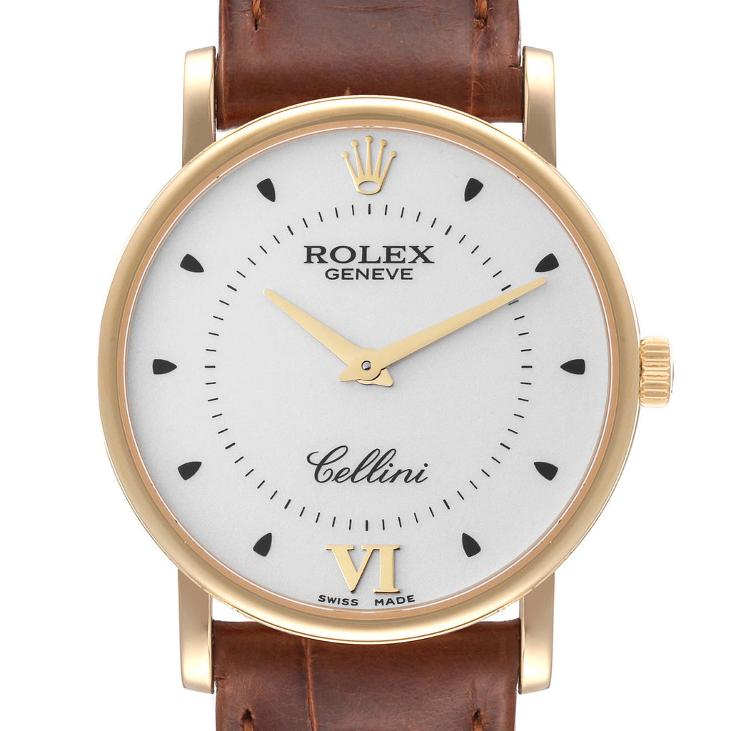 Rolex Cellini Classic Yellow Gold Silver Dial Black Strap Mens Watch 5115 Card