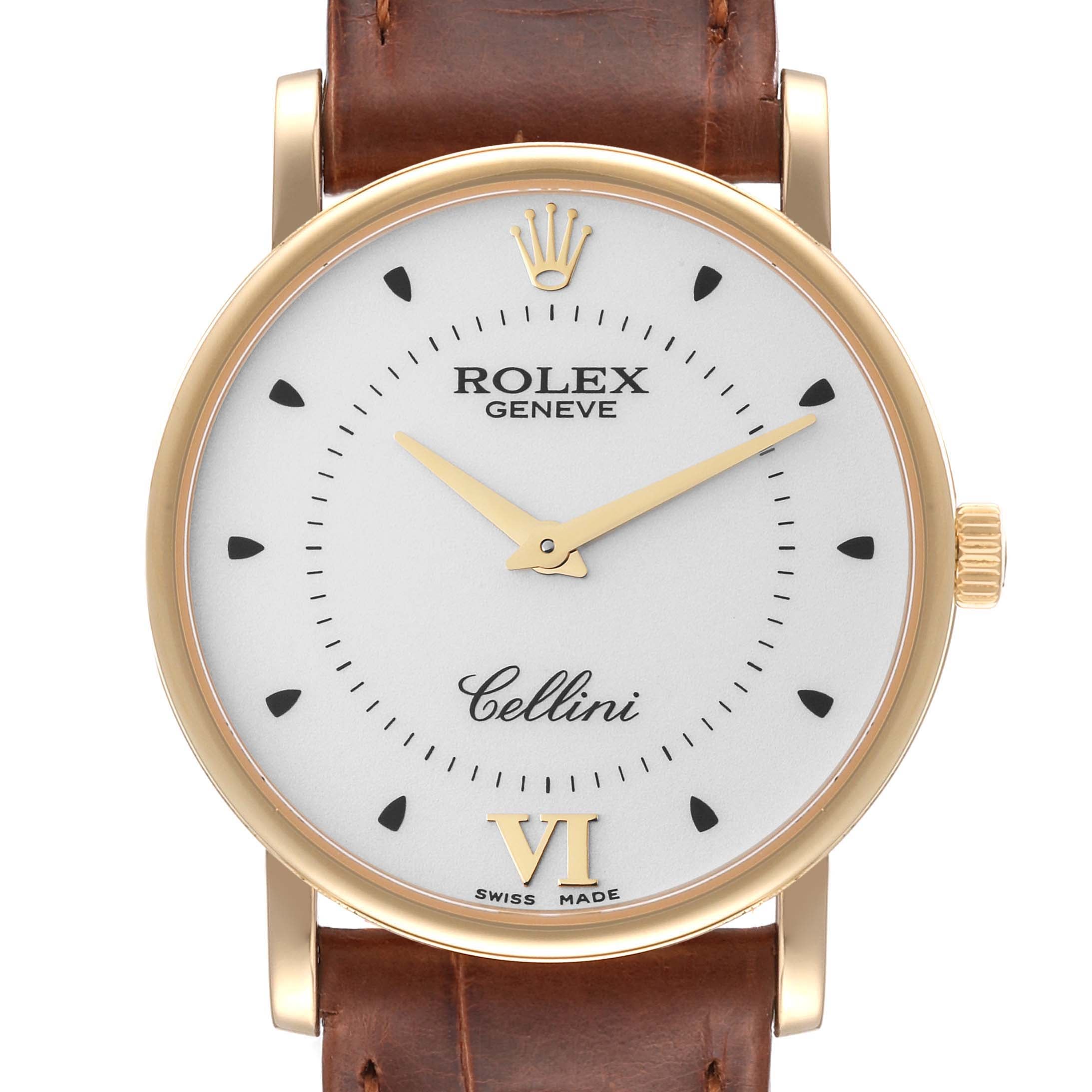 Rolex Cellini Classic Yellow Gold Silver Dial Black Strap Mens Watch 5115 Card