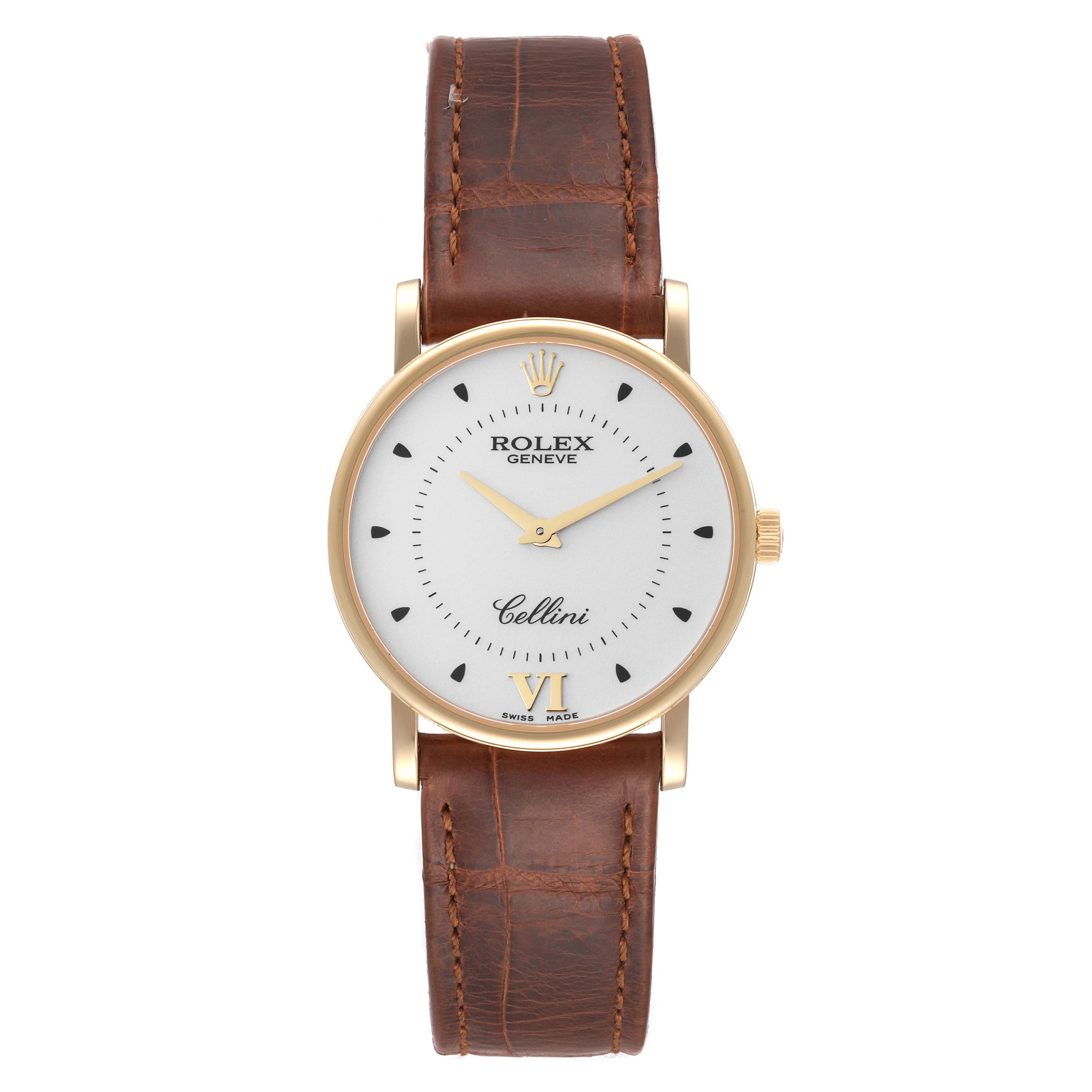 Rolex Cellini Classic Yellow Gold Silver Dial Black Strap Mens Watch 5115 Card