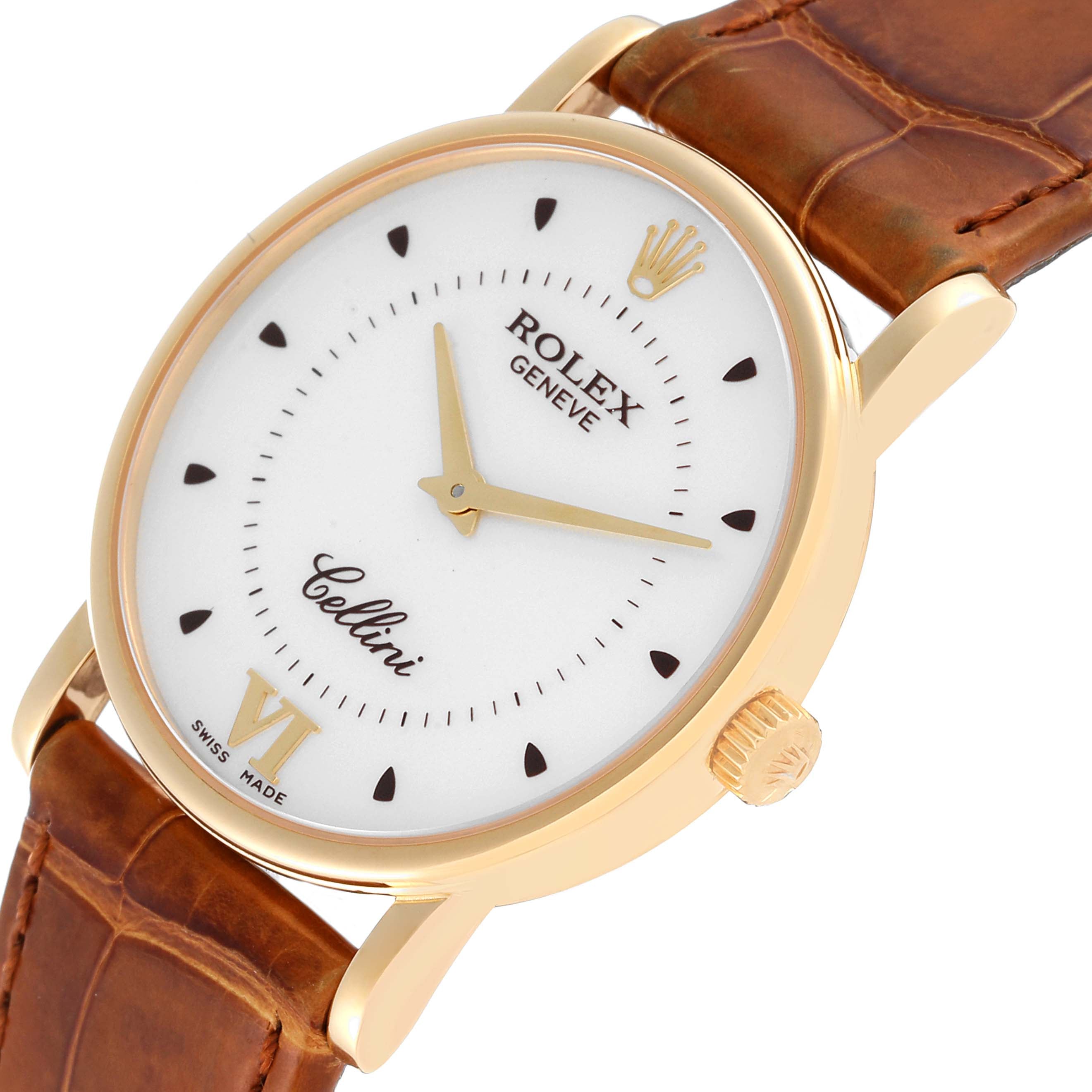 Rolex Cellini Classic Yellow Gold Silver Dial Brown Strap Mens Watch 5115