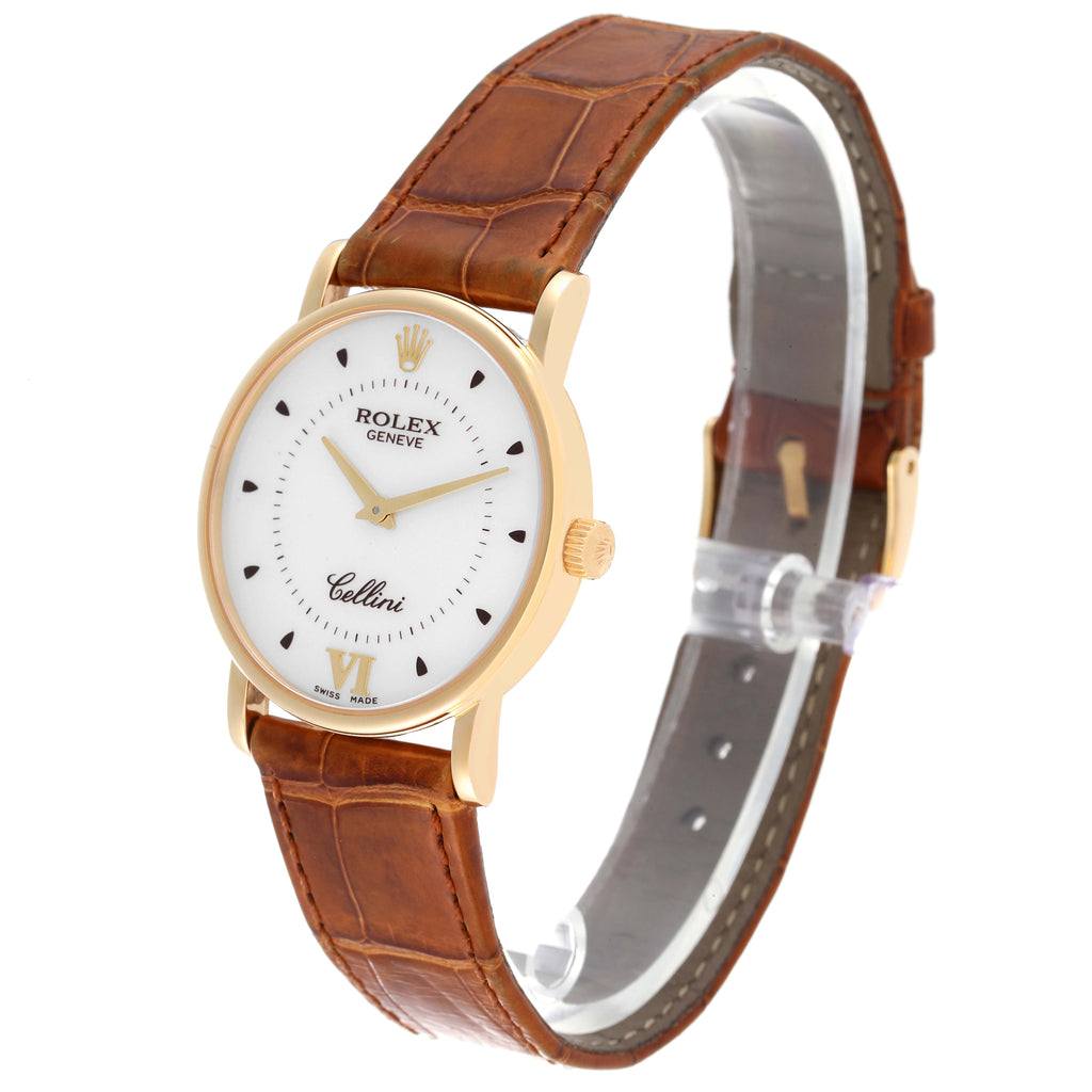 Rolex Cellini Classic Yellow Gold Silver Dial Brown Strap Mens Watch 5115