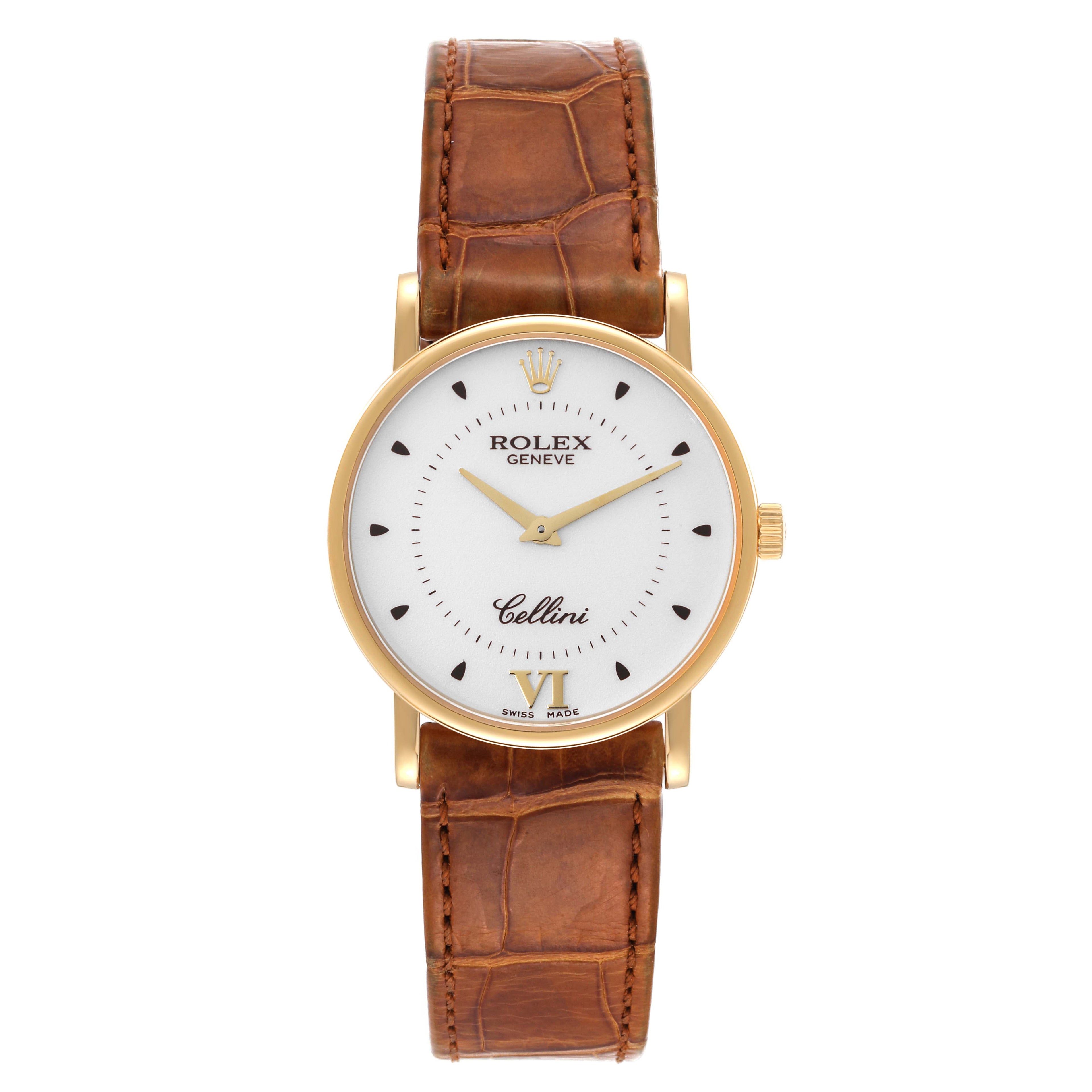 Rolex Cellini Classic Yellow Gold Silver Dial Brown Strap Mens Watch 5115