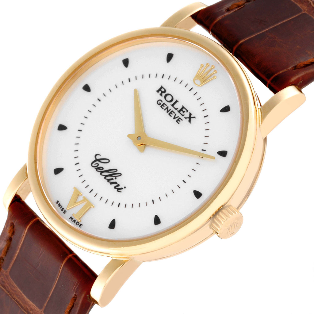 Rolex Cellini Classic Yellow Gold Silver Dial Brown Strap Mens Watch 5115 Papers