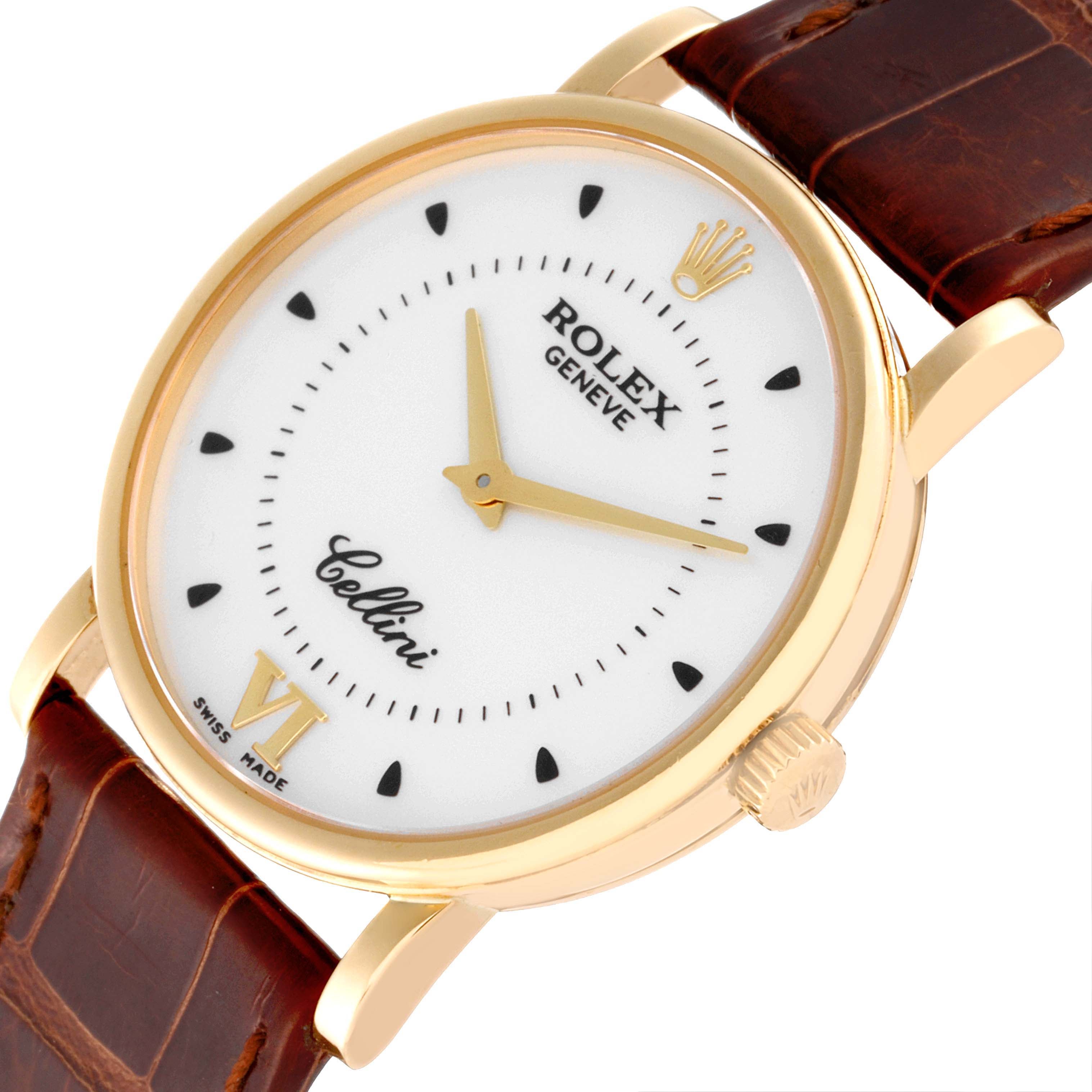 Rolex Cellini Classic Yellow Gold Silver Dial Brown Strap Mens Watch 5115 Papers