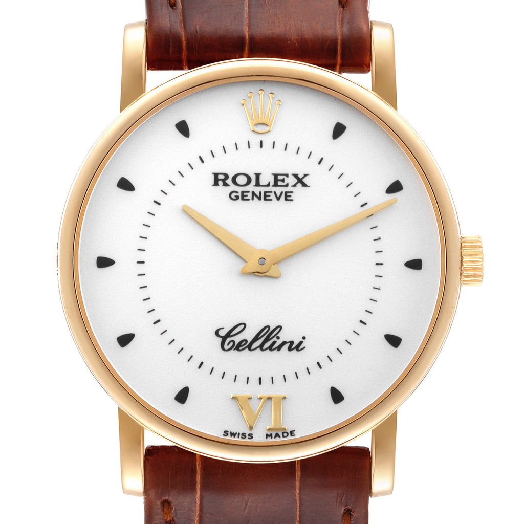 Rolex Cellini Classic Yellow Gold Silver Dial Brown Strap Mens Watch 5115 Papers