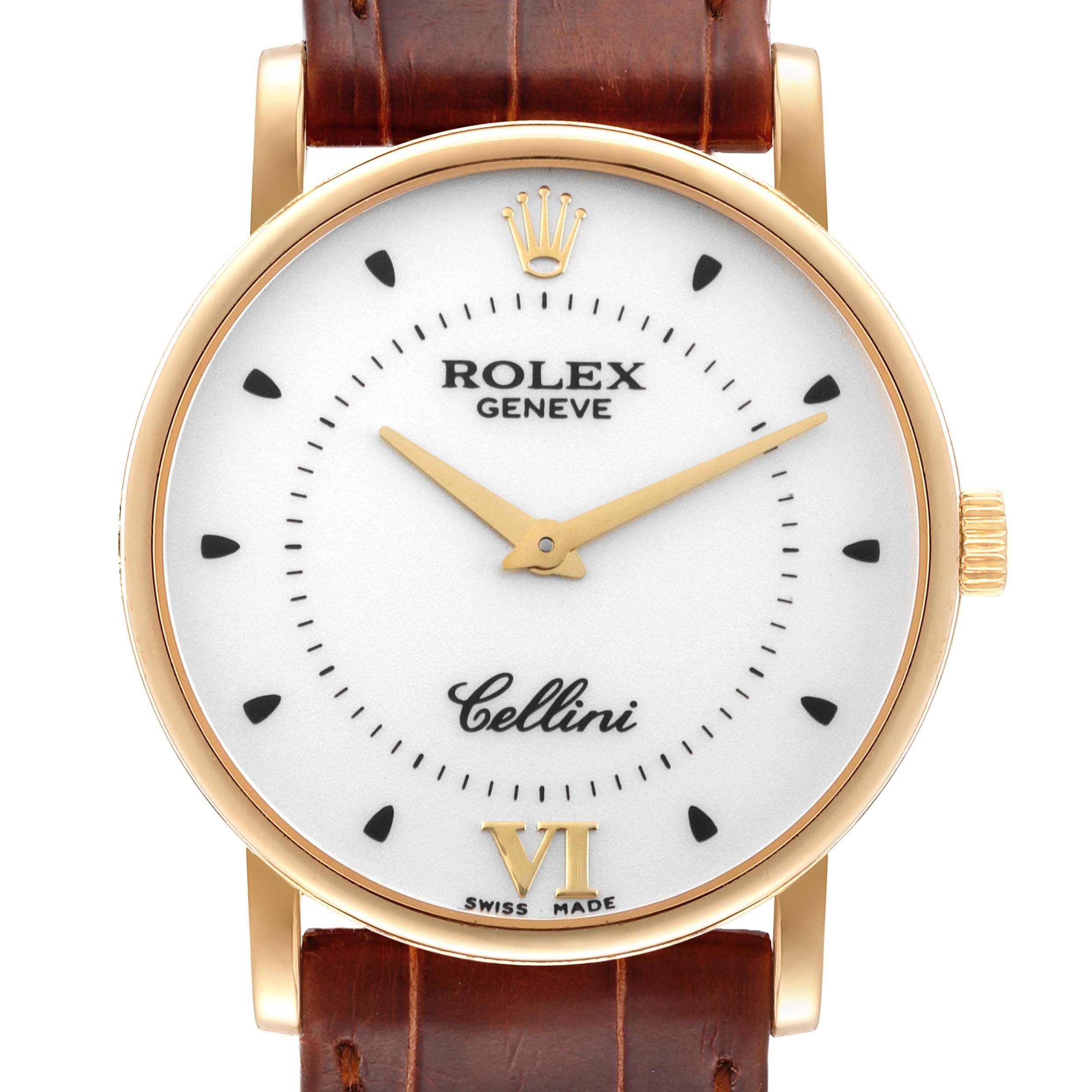 Rolex Cellini Classic Yellow Gold Silver Dial Brown Strap Mens Watch 5115 Papers