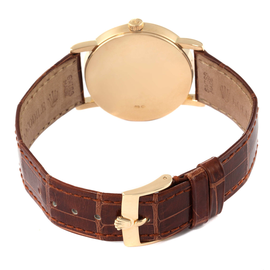 Rolex Cellini Classic Yellow Gold Silver Dial Brown Strap Mens Watch 5115 Papers